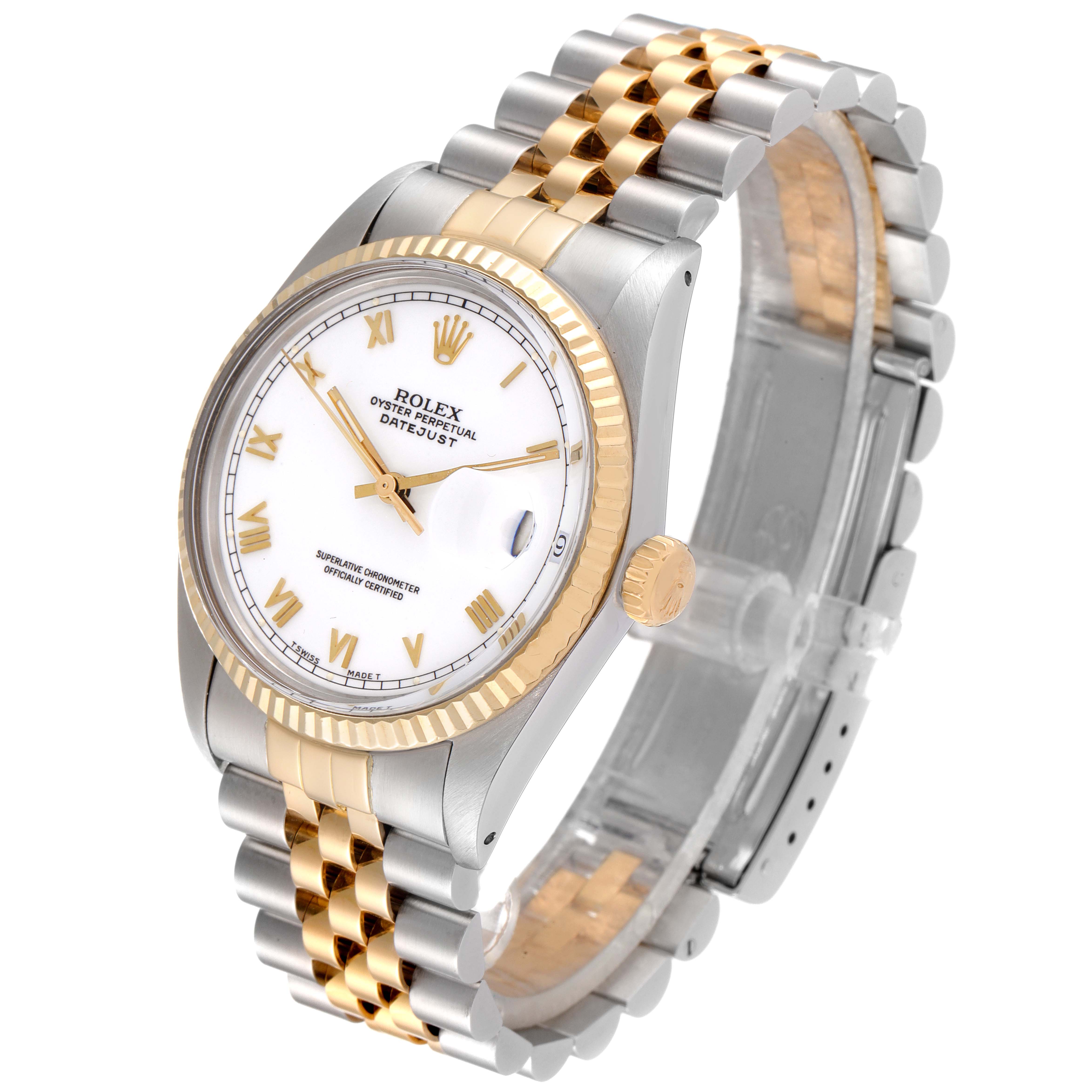 The image shows a side-angle view of a Rolex Datejust 16013 Men's Steel and Gold (two tone) White Dial 16013 Men's Steel and Gold (two tone) White Dial watch featuring its face, bezel, crown, and two-tone bracelet.