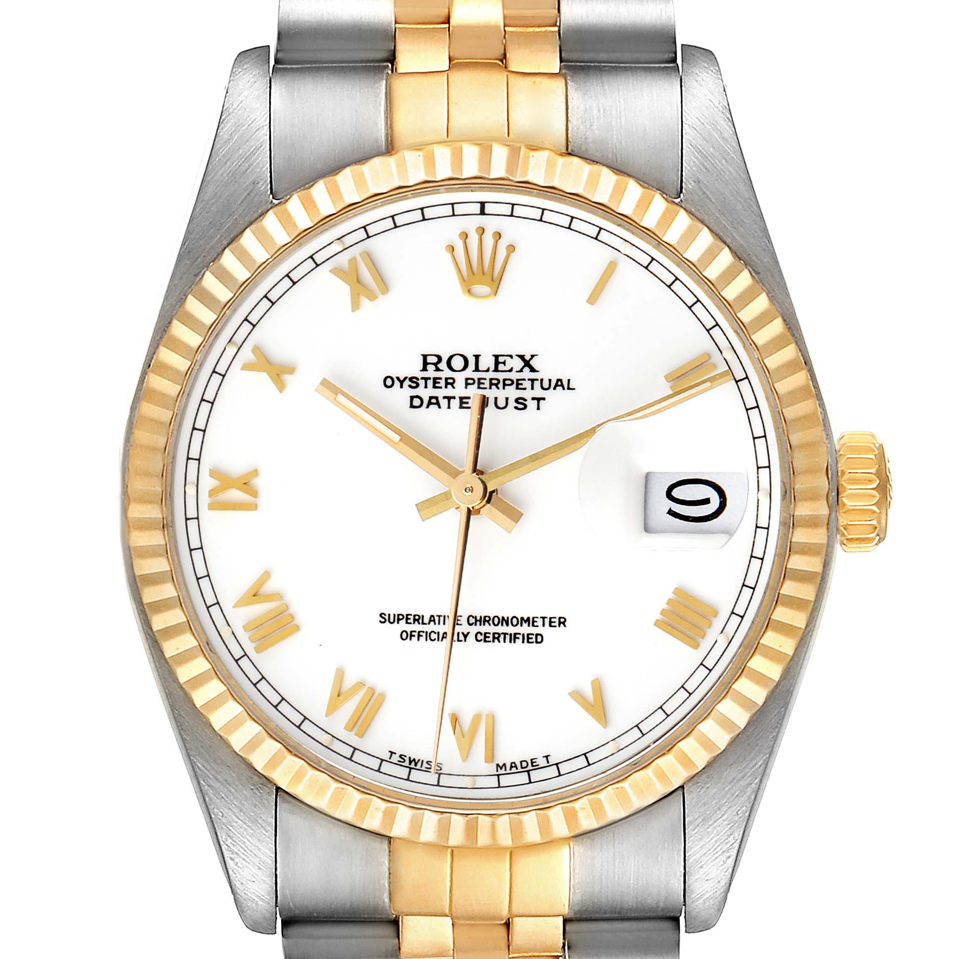 The image shows a front view of a Rolex Datejust 16013 Men's Steel and Gold (two tone) White Dial 16013 Men's Steel and Gold (two tone) White Dial watch, highlighting its white dial, gold Roman numerals, and two-tone bracelet.