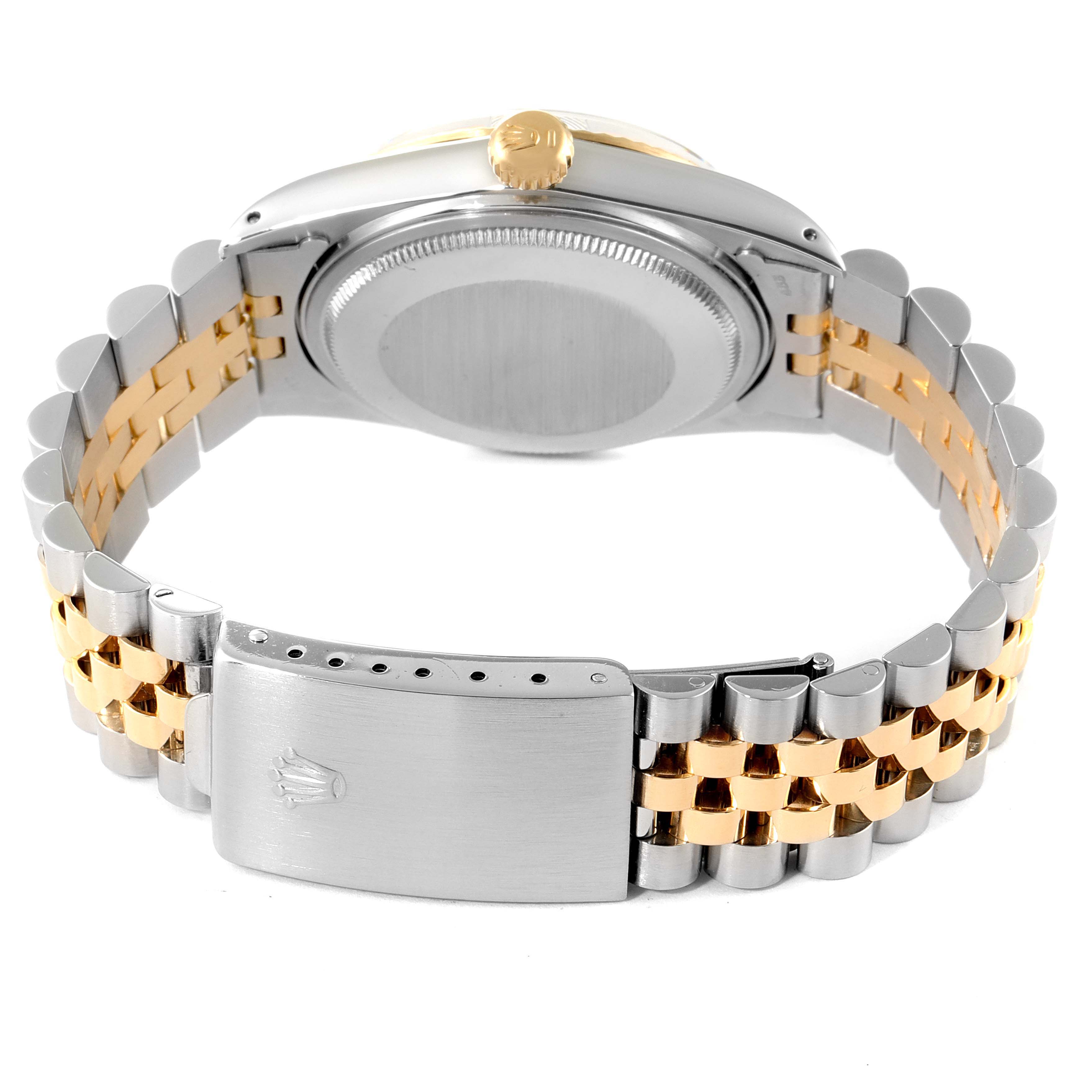 The image shows the back of a Rolex Datejust 16013 Men's Steel and Gold (two tone) White Dial 16013 Men's Steel and Gold (two tone) White Dial watch, highlighting its clasp, bracelet, case back, and crown.