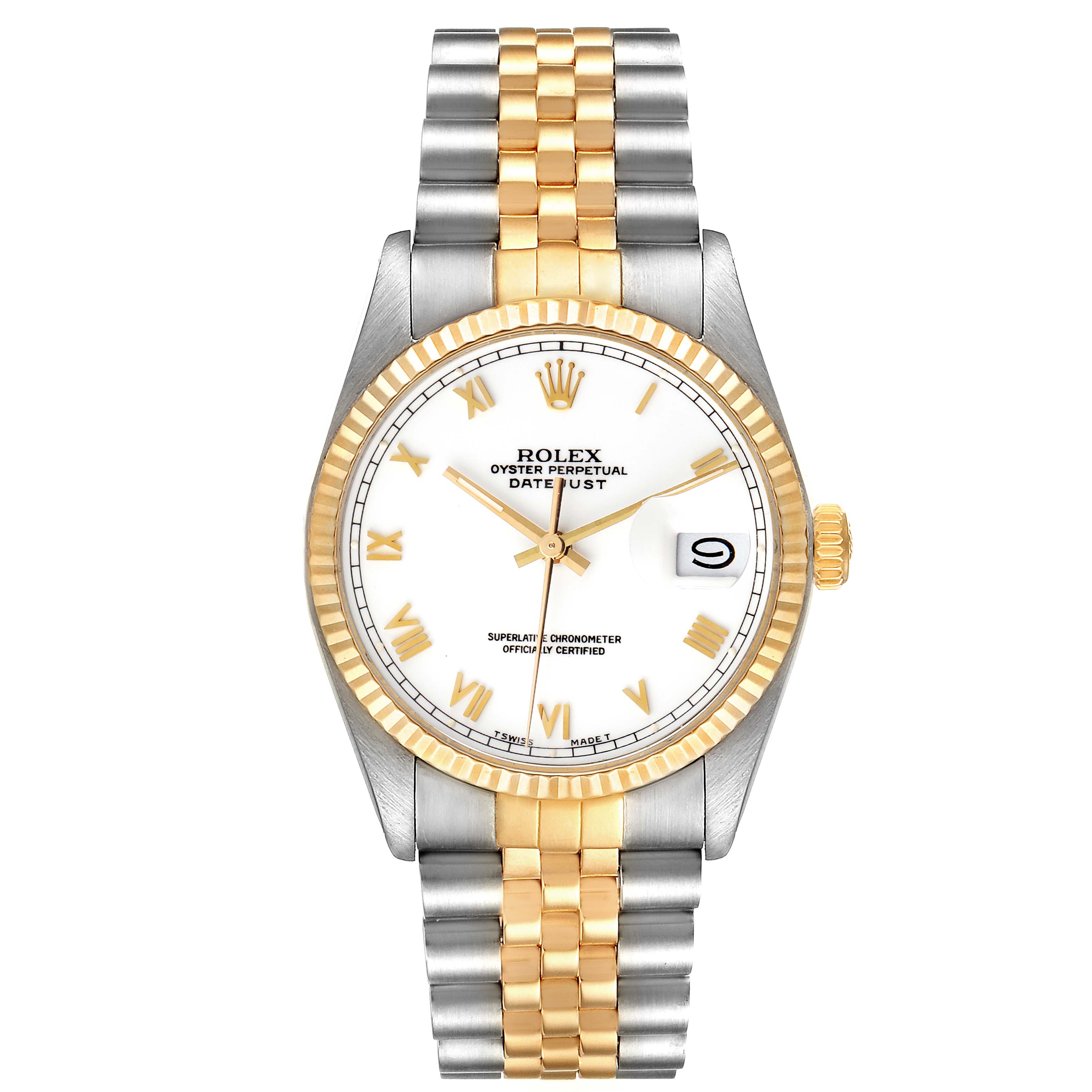 The Rolex Datejust 16013 Men's Steel and Gold (two tone) White Dial 16013 Men's Steel and Gold (two tone) White Dial watch is shown from a front angle displaying the dial, bezel, and two-tone bracelet.