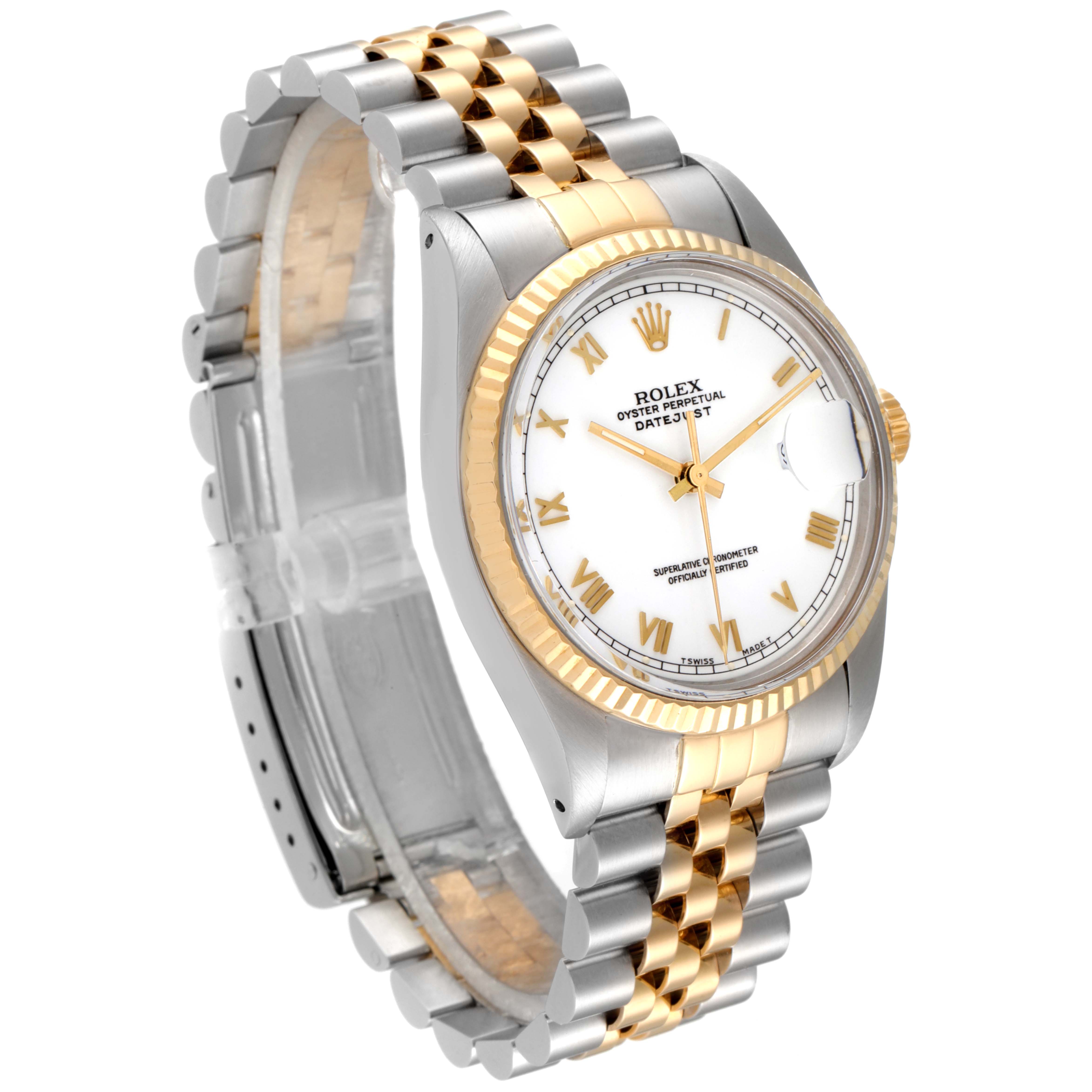 This Rolex Datejust 16013 Men's Steel and Gold (two tone) White Dial 16013 Men's Steel and Gold (two tone) White Dial watch is shown at an angle highlighting its gold and silver bracelet, bezel, white dial, and crown.