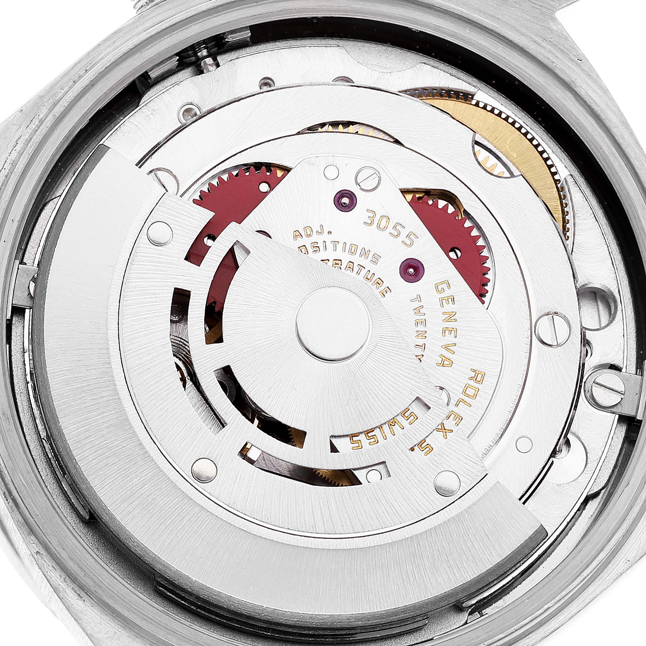 This image shows the intricate internal mechanism of the Rolex President 18139 Men's White Gold Brown Dial 18139 Men's White Gold Brown Dial model watch from a back angle.