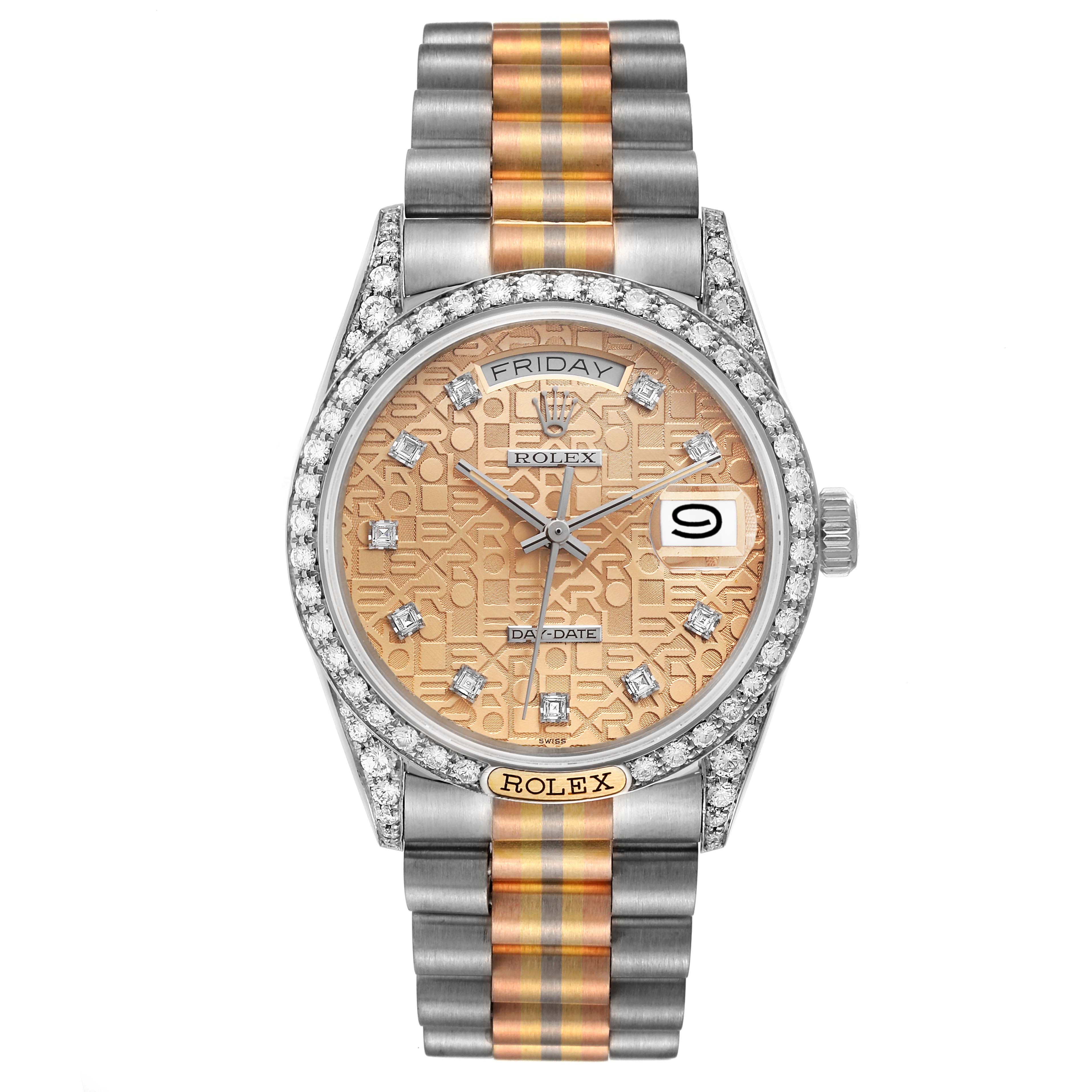 The Rolex President 18139 Men's White Gold Brown Dial 18139 Men's White Gold Brown Dial model watch is shown from a front angle, displaying its face, bezel, and bracelet.