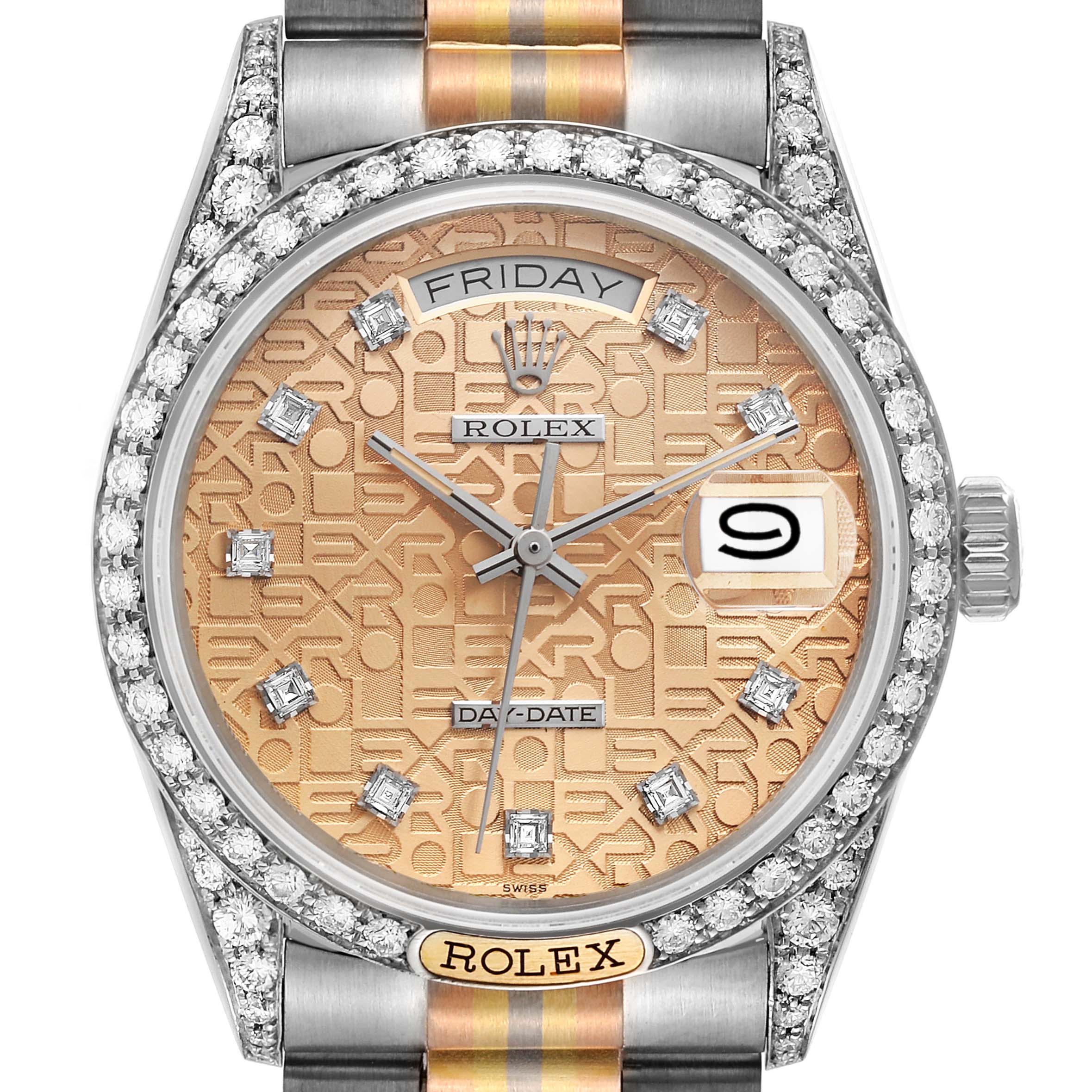 The image shows a close-up of the face and bezel of a Rolex President 18139 Men's White Gold Brown Dial 18139 Men's White Gold Brown Dial model, including the crown, date window, and part of the band.