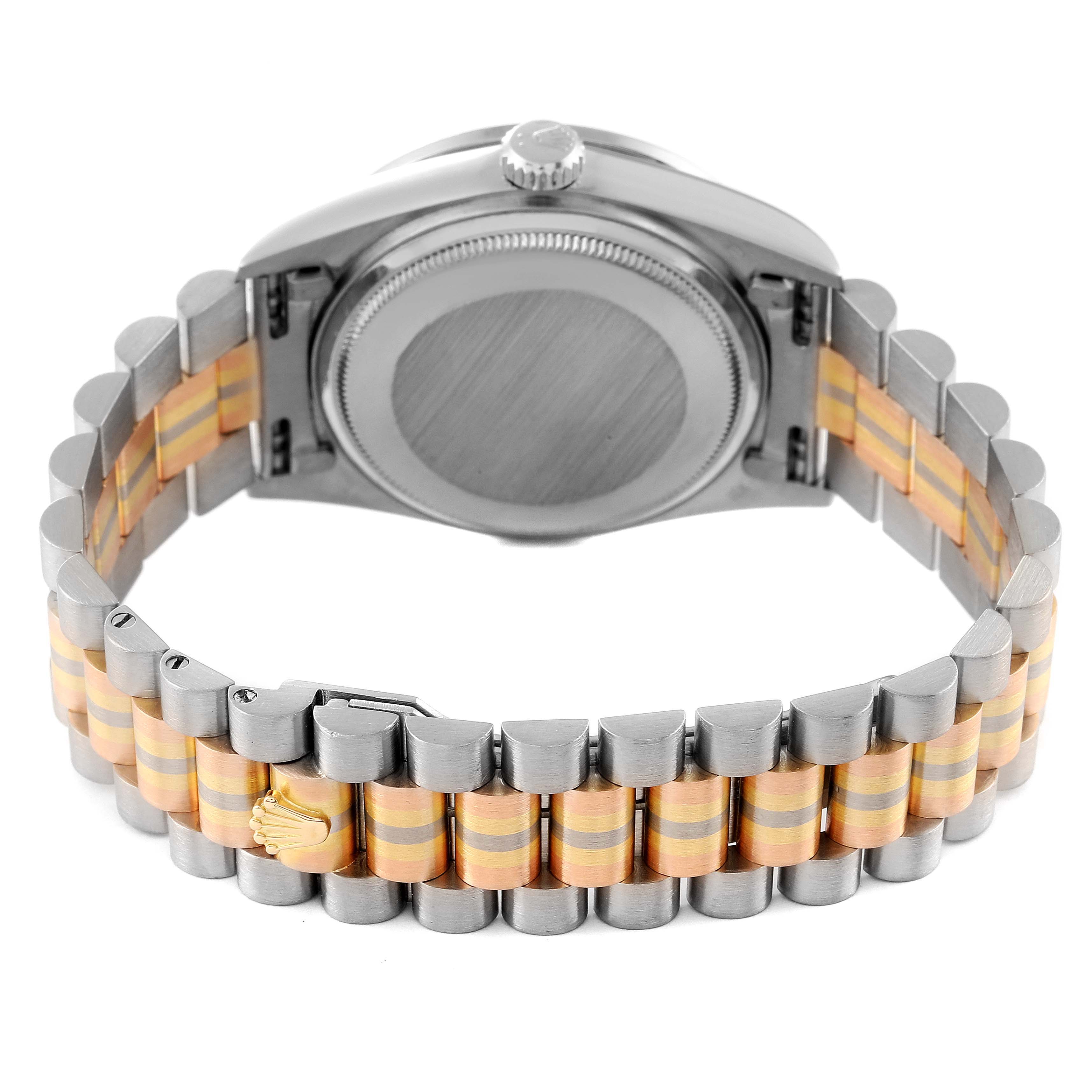 The image shows the back case and two-tone bracelet of a Rolex President 18139 Men's White Gold Brown Dial 18139 Men's White Gold Brown Dial model watch from a rear angle.