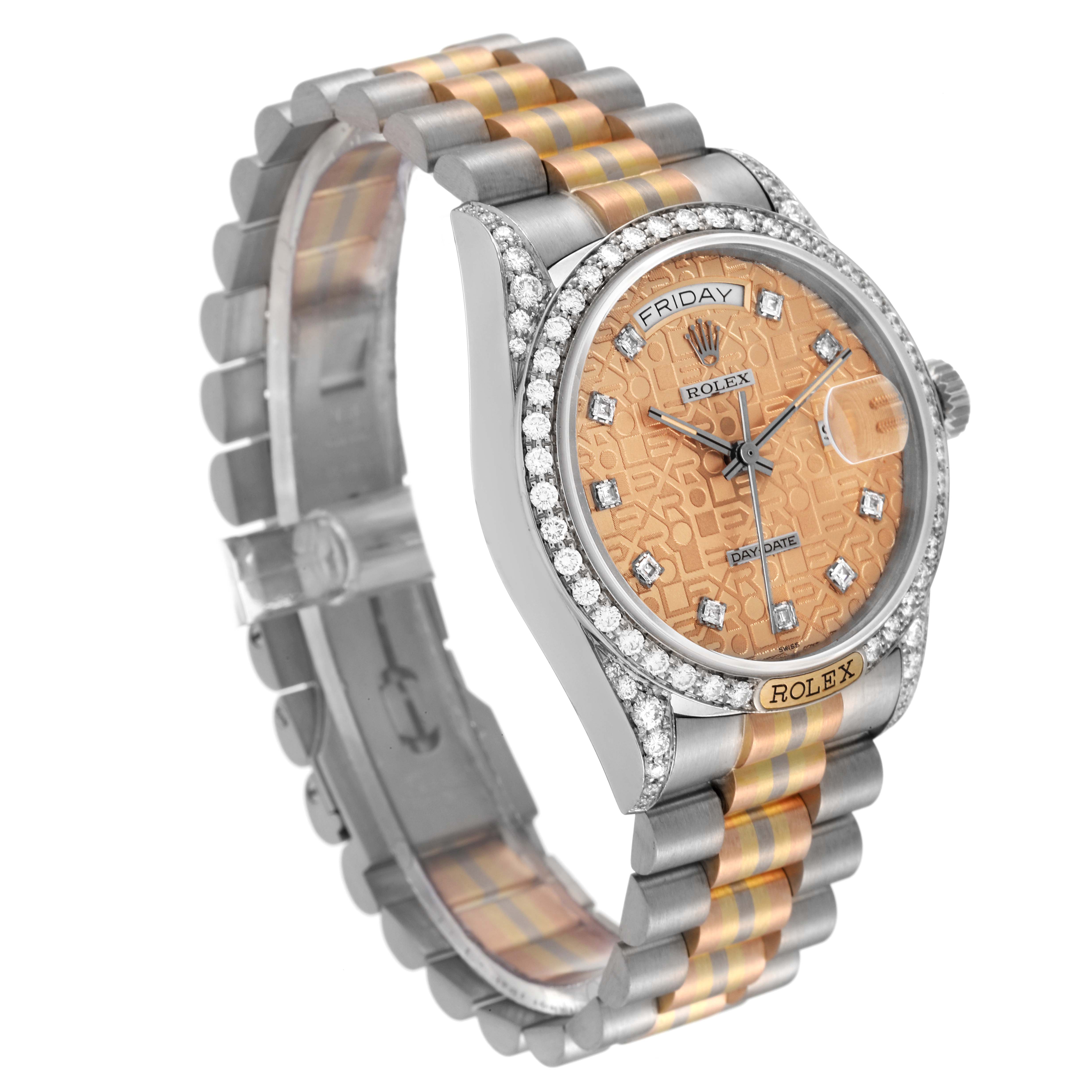 The image shows a side angle of a Rolex President 18139 Men's White Gold Brown Dial 18139 Men's White Gold Brown Dial model watch, highlighting the dial, bezel, and bracelet.