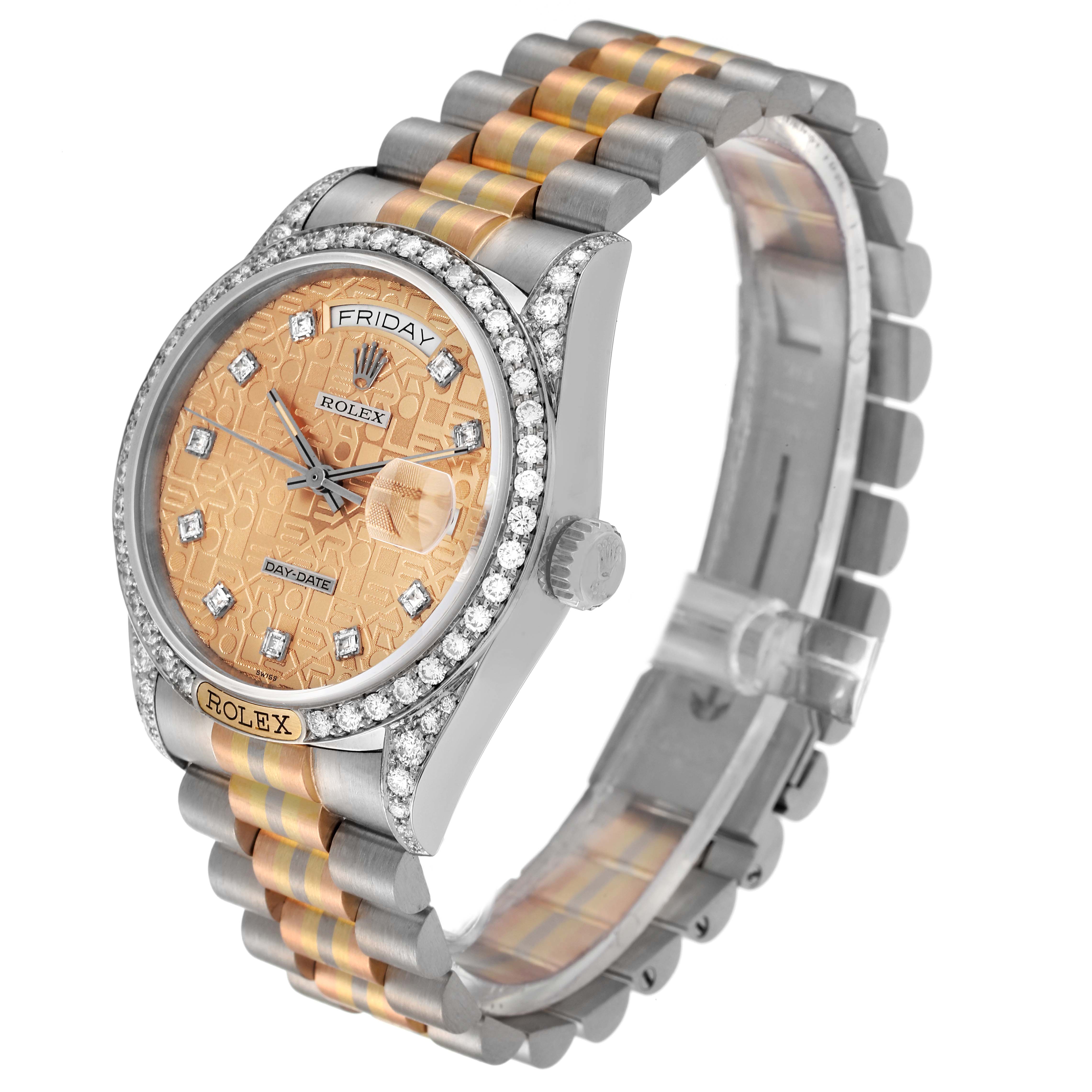 This Rolex President 18139 Men's White Gold Brown Dial 18139 Men's White Gold Brown Dial model watch is shown at a slight angle, displaying the dial, bracelet, and bezel.