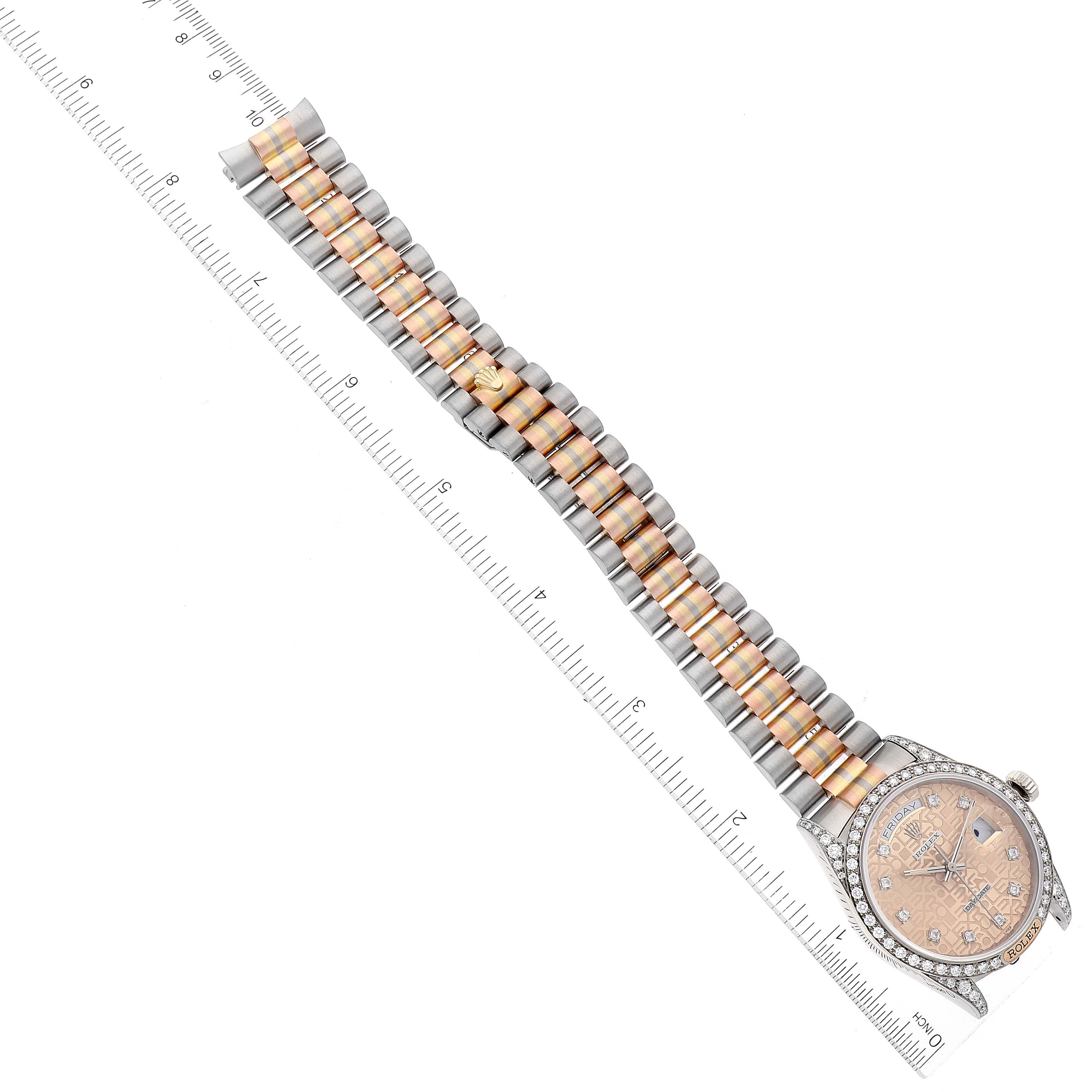 This image shows a Rolex President 18139 Men's White Gold Brown Dial 18139 Men's White Gold Brown Dial model watch laid flat, with the face and full bracelet visible alongside a ruler for scale.