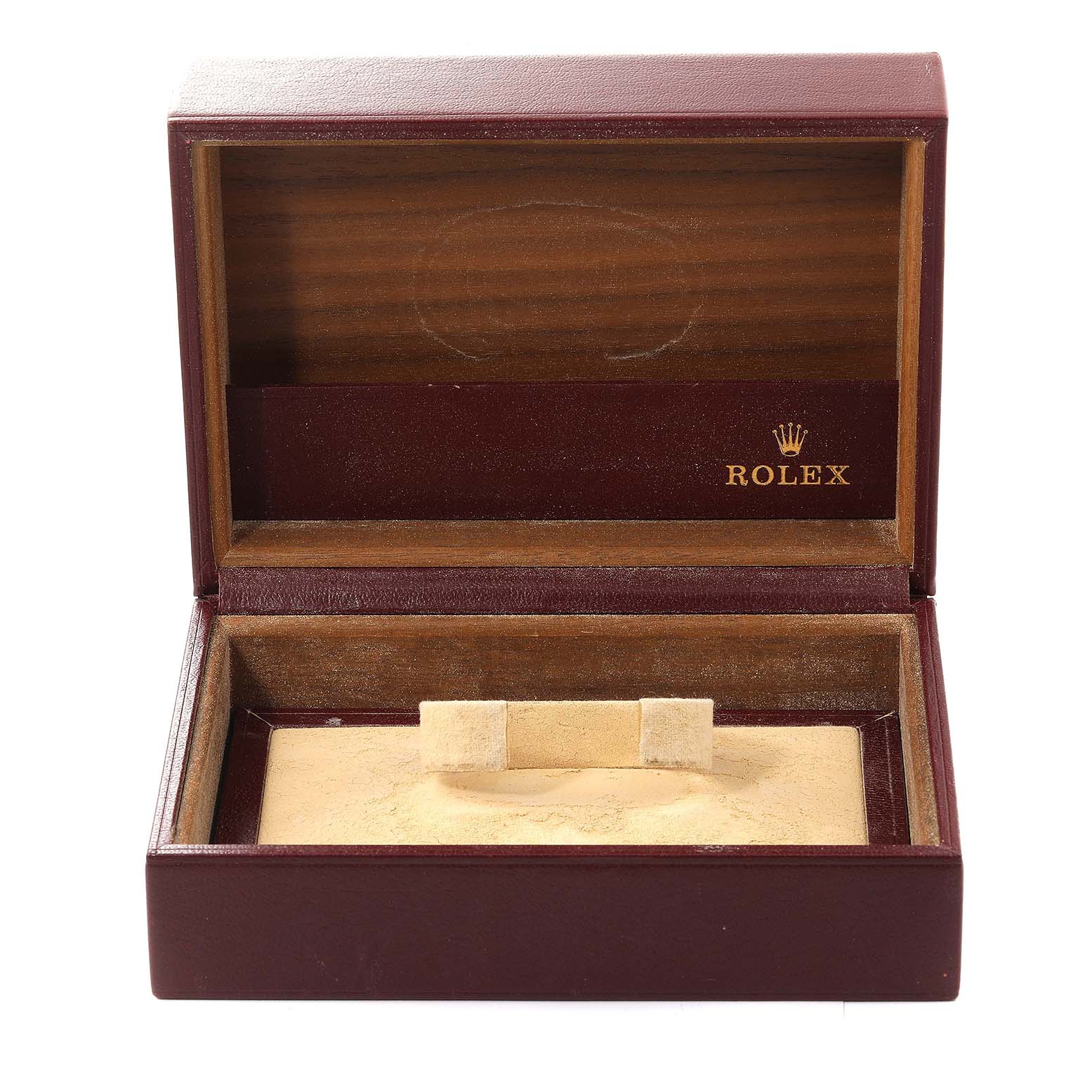 This image shows an open Rolex President 18139 Men's White Gold Brown Dial 18139 Men's White Gold Brown Dial watch box with an empty cushion inside.