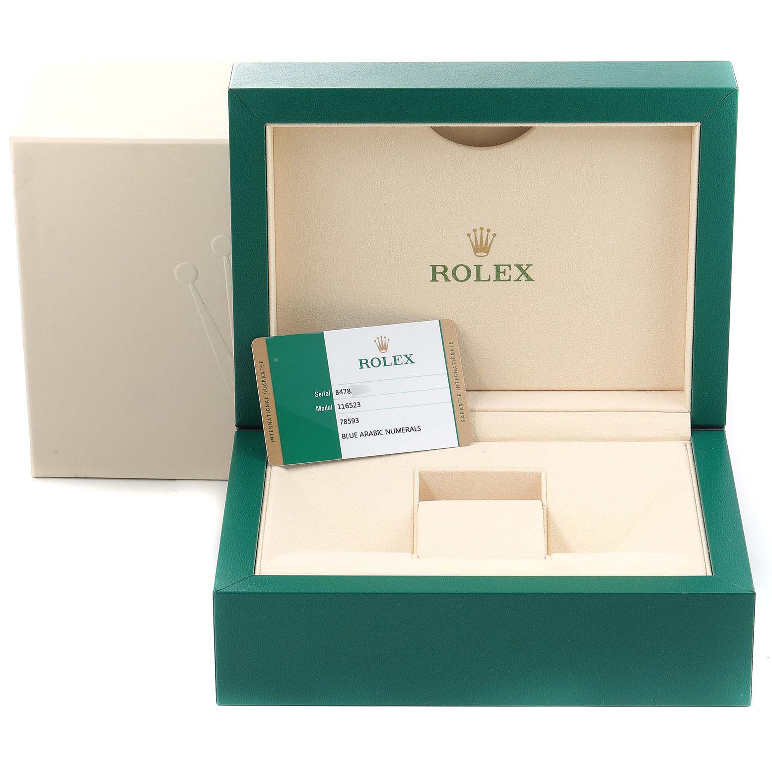 The image shows an open green and beige Rolex watch box with an Best Quality
ity card for the Rolex Daytona 116523 Men
s Steel and Gold (two tone) Blue Dial 116523 Men
s Steel and Gold (two tone) Blue Dial model.
