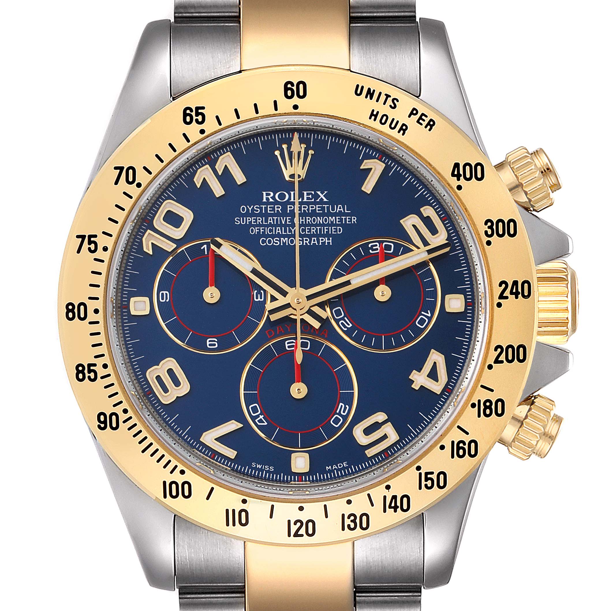 This image shows a Rolex Daytona 116523 Men
s Steel and Gold (two tone) Blue Dial 116523 Men
s Steel and Gold (two tone) Blue Dial watch face, including its gold bezel, blue dial, and stainless steel and gold bracelet.