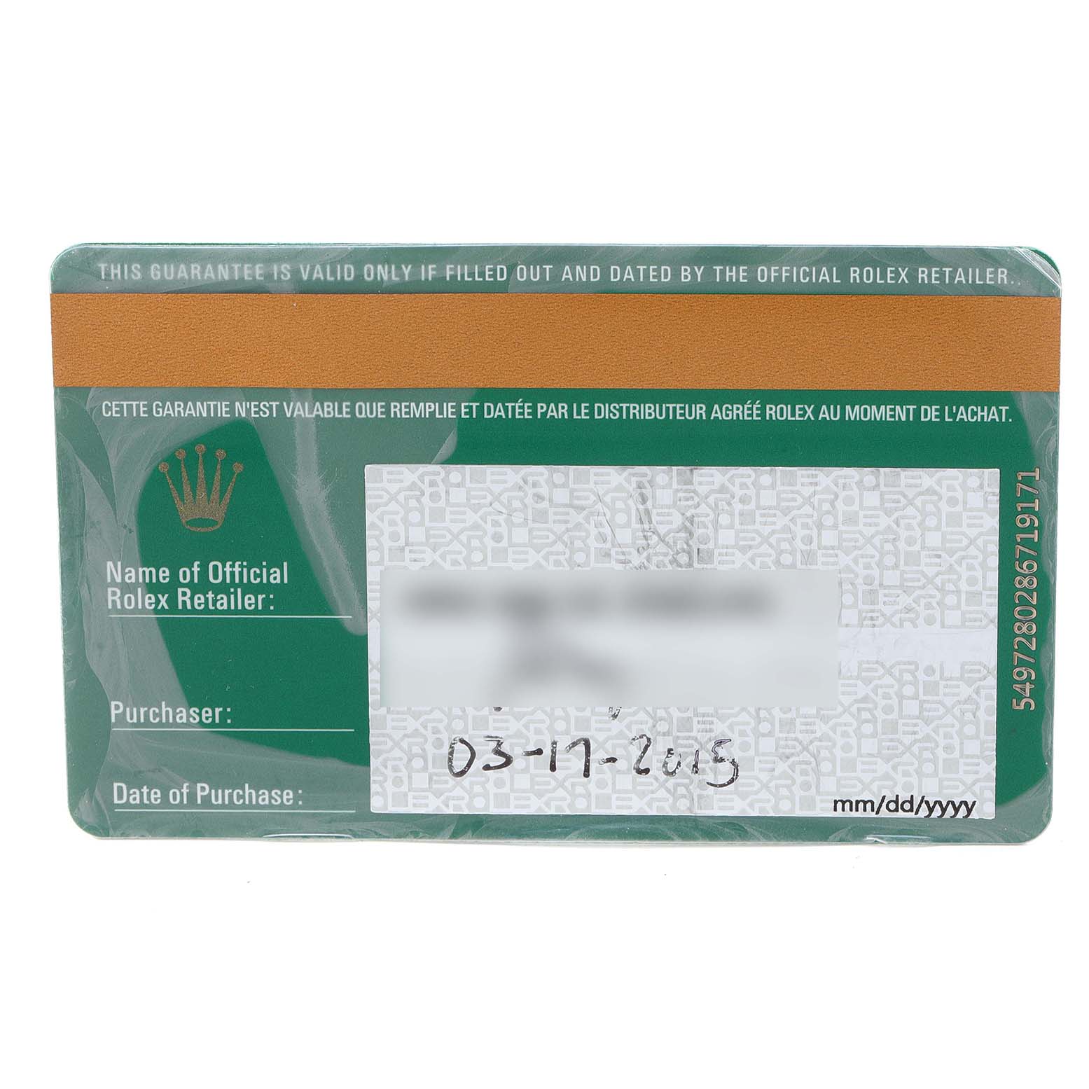 The image displays a guarantee card for a Rolex Daytona 116523 Men
s Steel and Gold (two tone) Blue Dial 116523 Men
s Steel and Gold (two tone) Blue Dial watch, showing the retailer
s information and the purchase date.