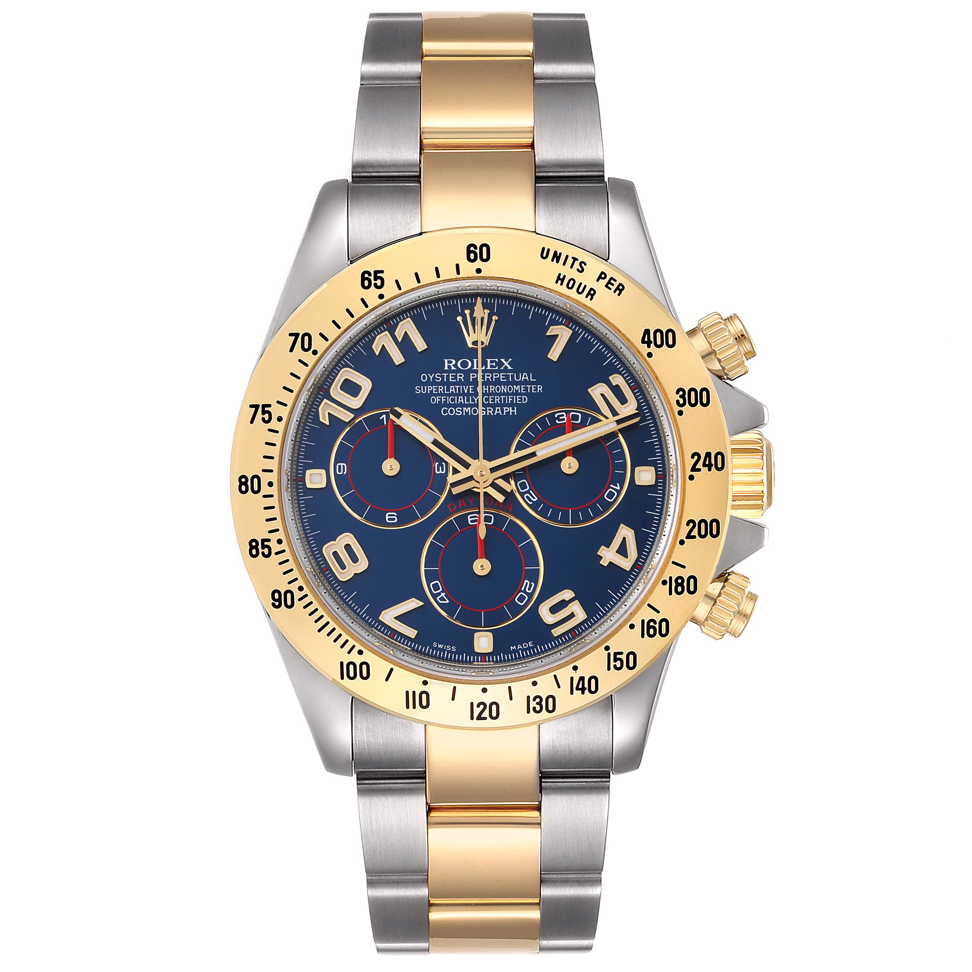 The Rolex Daytona 116523 Men
s Steel and Gold (two tone) Blue Dial 116523 Men
s Steel and Gold (two tone) Blue Dial model watch is shown from the front, displaying its dial, bezel, pushers, crown, and metal bracelet.