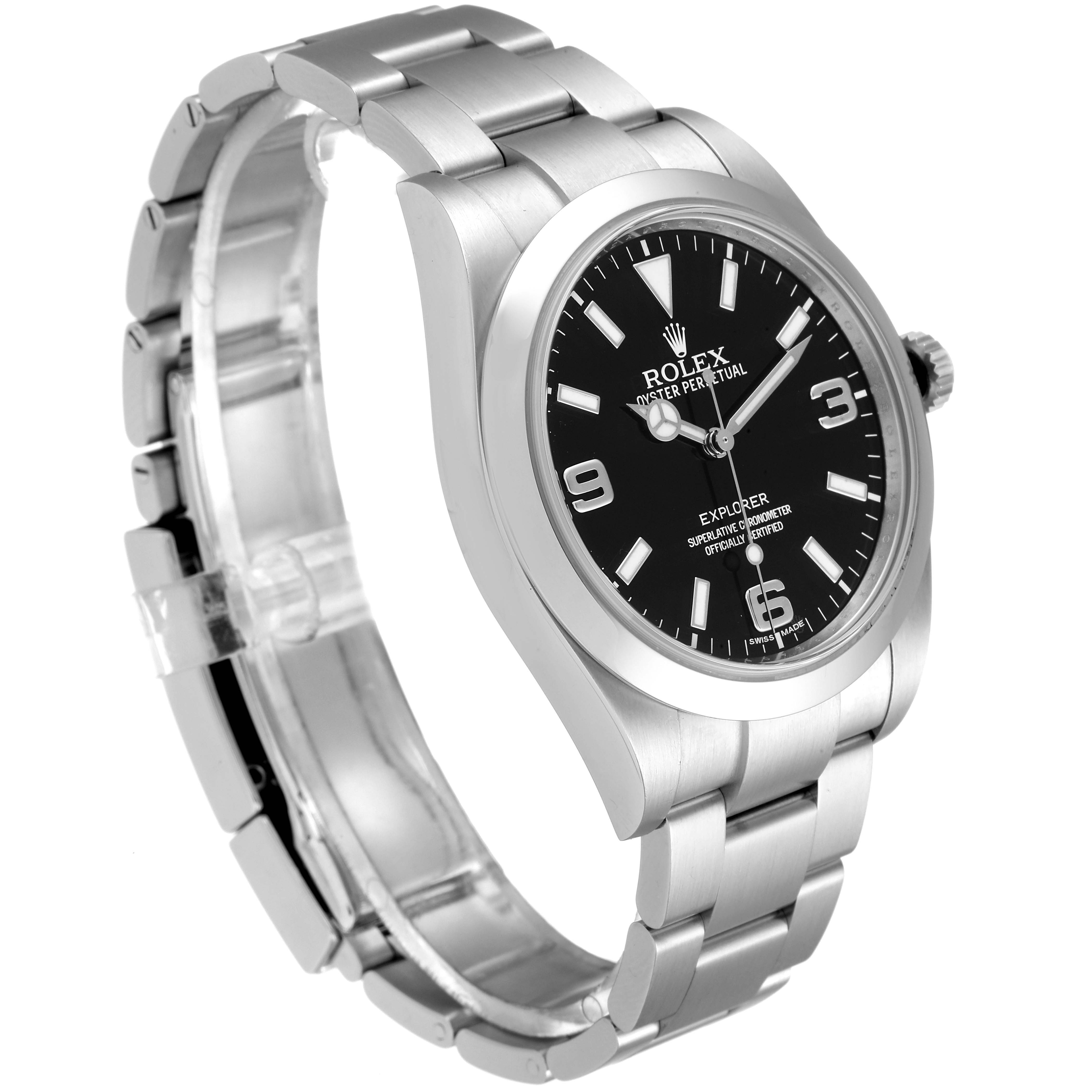 The image shows a side and front angle of a Rolex Explorer 214270 Men
s Stainless Steel Black Dial 214270 Men
s Stainless Steel Black Dial watch, including the dial, bezel, and bracelet.