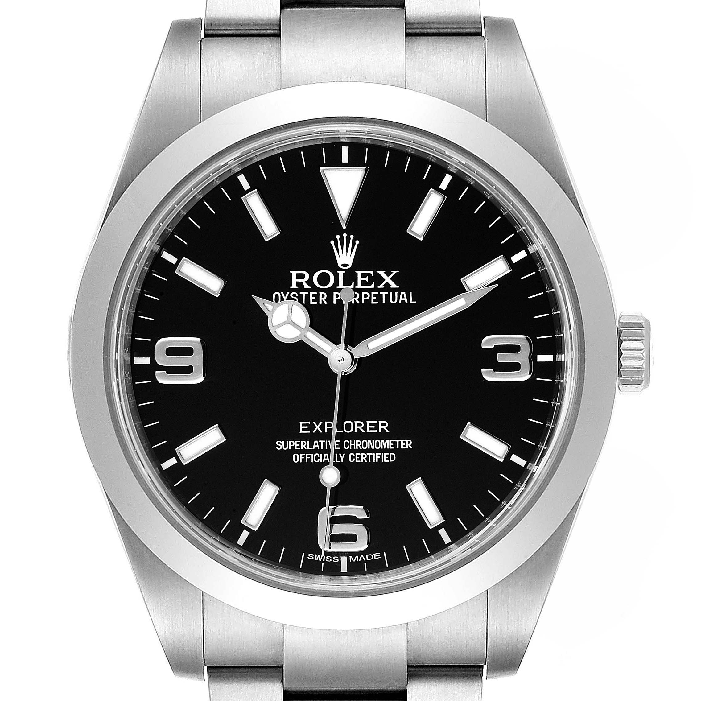 The image shows a front view of a Rolex Explorer 214270 Men
s Stainless Steel Black Dial 214270 Men
s Stainless Steel Black Dial watch, highlighting the dial, hour markers, hands, and part of the bracelet.