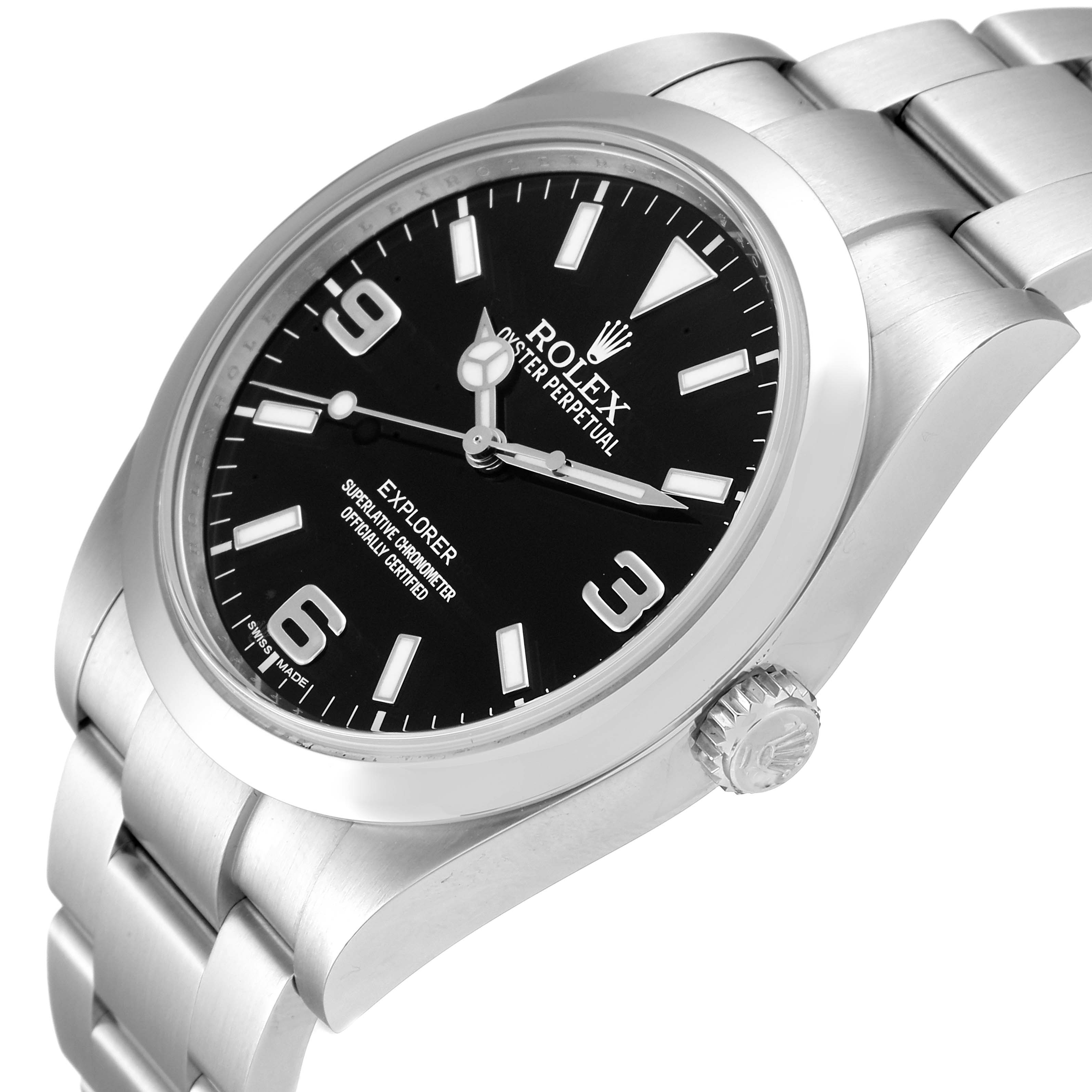 The image shows a Rolex Explorer 214270 Men
s Stainless Steel Black Dial 214270 Men
s Stainless Steel Black Dial watch at a slight angle, displaying the dial, bezel, crown, and part of the bracelet.