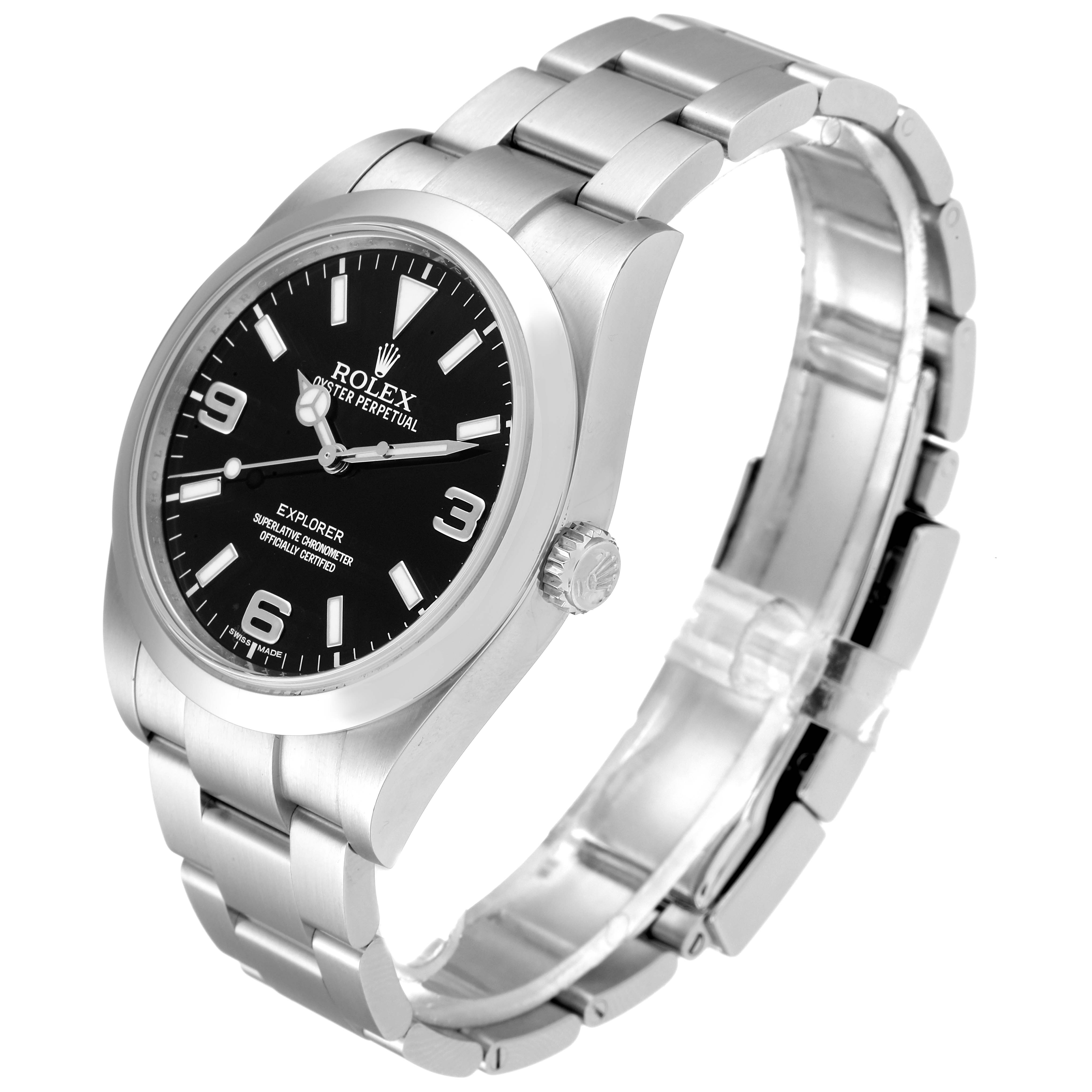 This image shows a Rolex Explorer 214270 Men
s Stainless Steel Black Dial 214270 Men
s Stainless Steel Black Dial model watch at a three-quarter angle, highlighting the dial, bezel, crown, and bracelet.