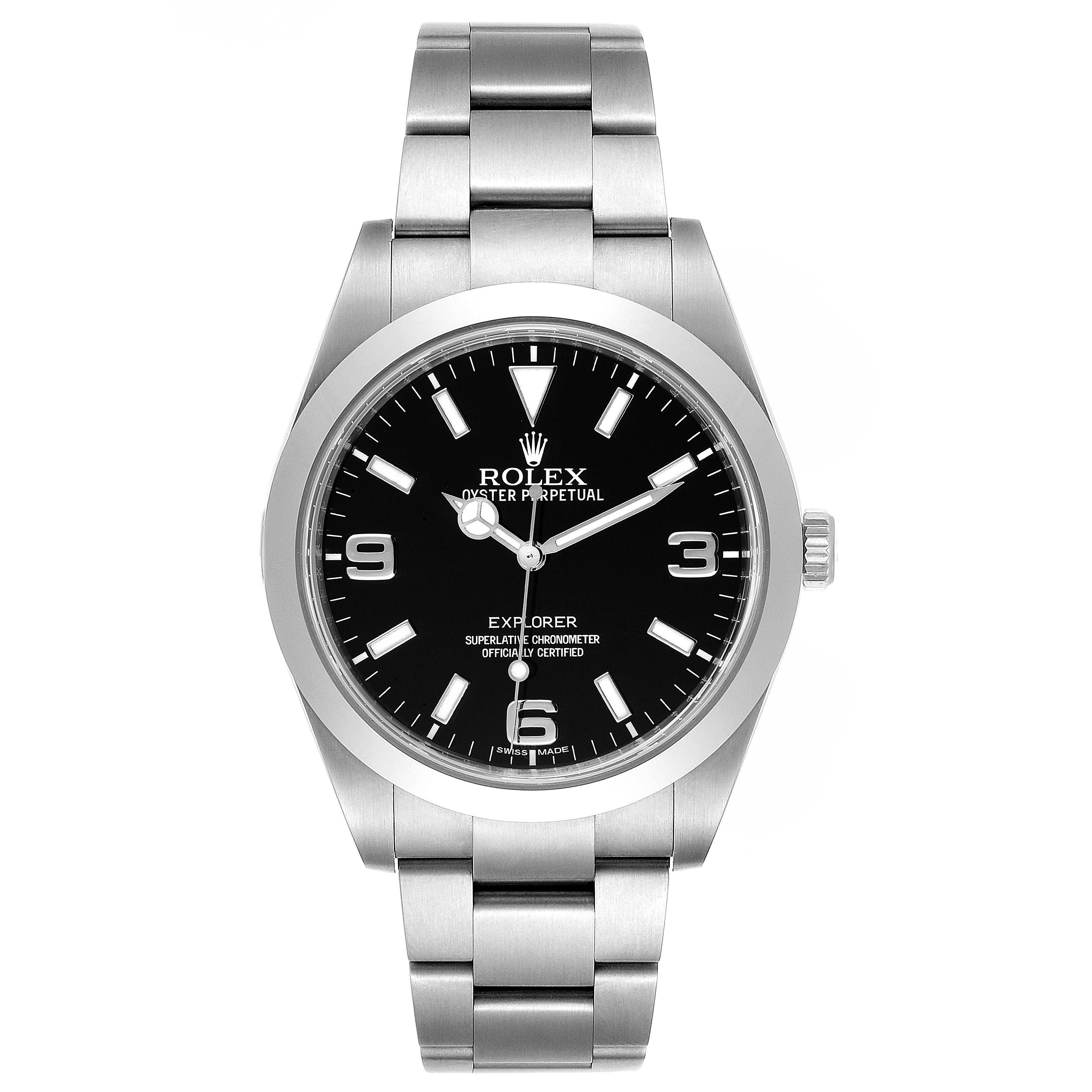 This image shows a front view of the Rolex Explorer 214270 Men
s Stainless Steel Black Dial 214270 Men
s Stainless Steel Black Dial watch, displaying its dial, bezel, case, and bracelet.