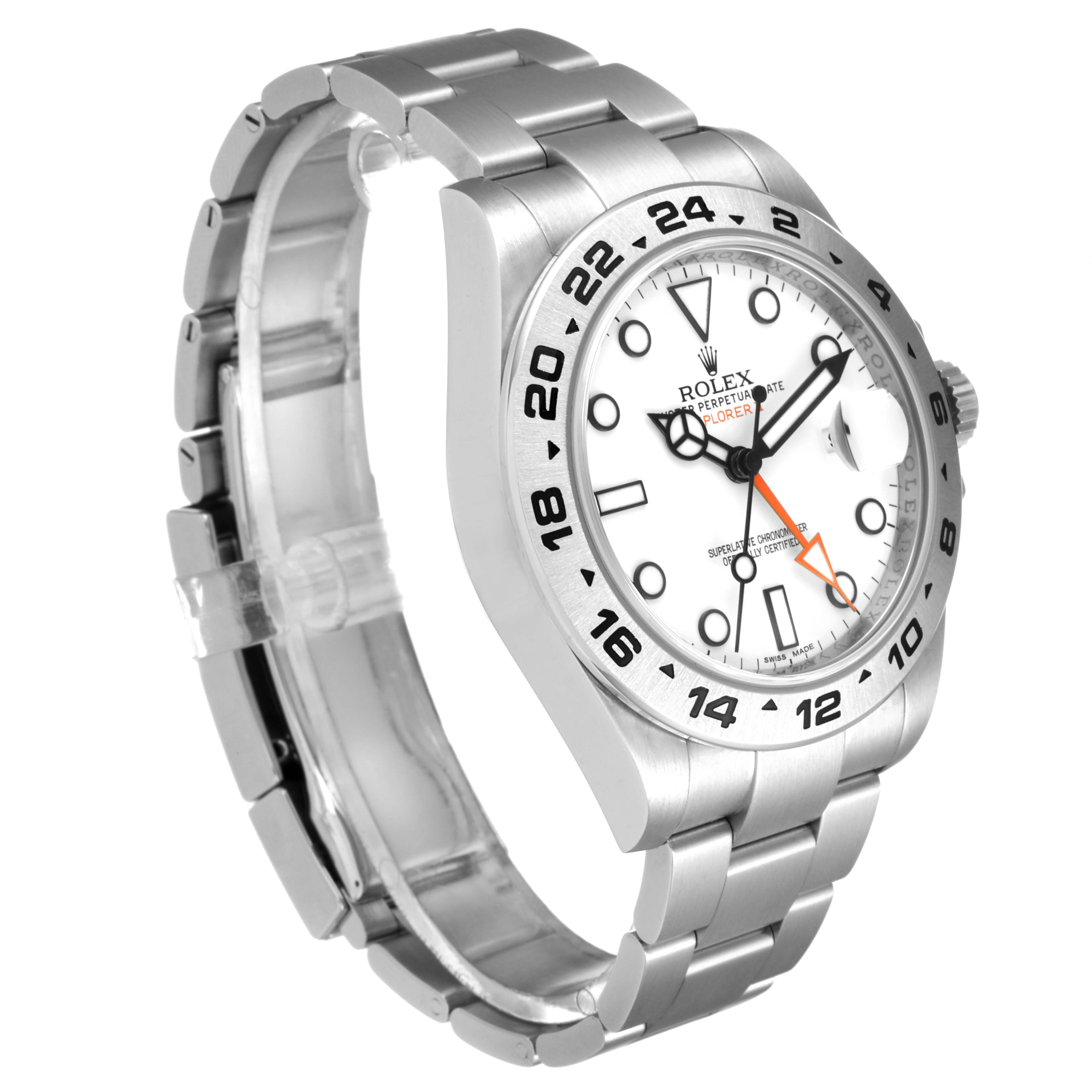 The image shows an angled side view of the Rolex Explorer 216570 Men
s Stainless Steel White Dial 216570 Men
s Stainless Steel White Dial watch, highlighting its bracelet, dial, and bezel.
