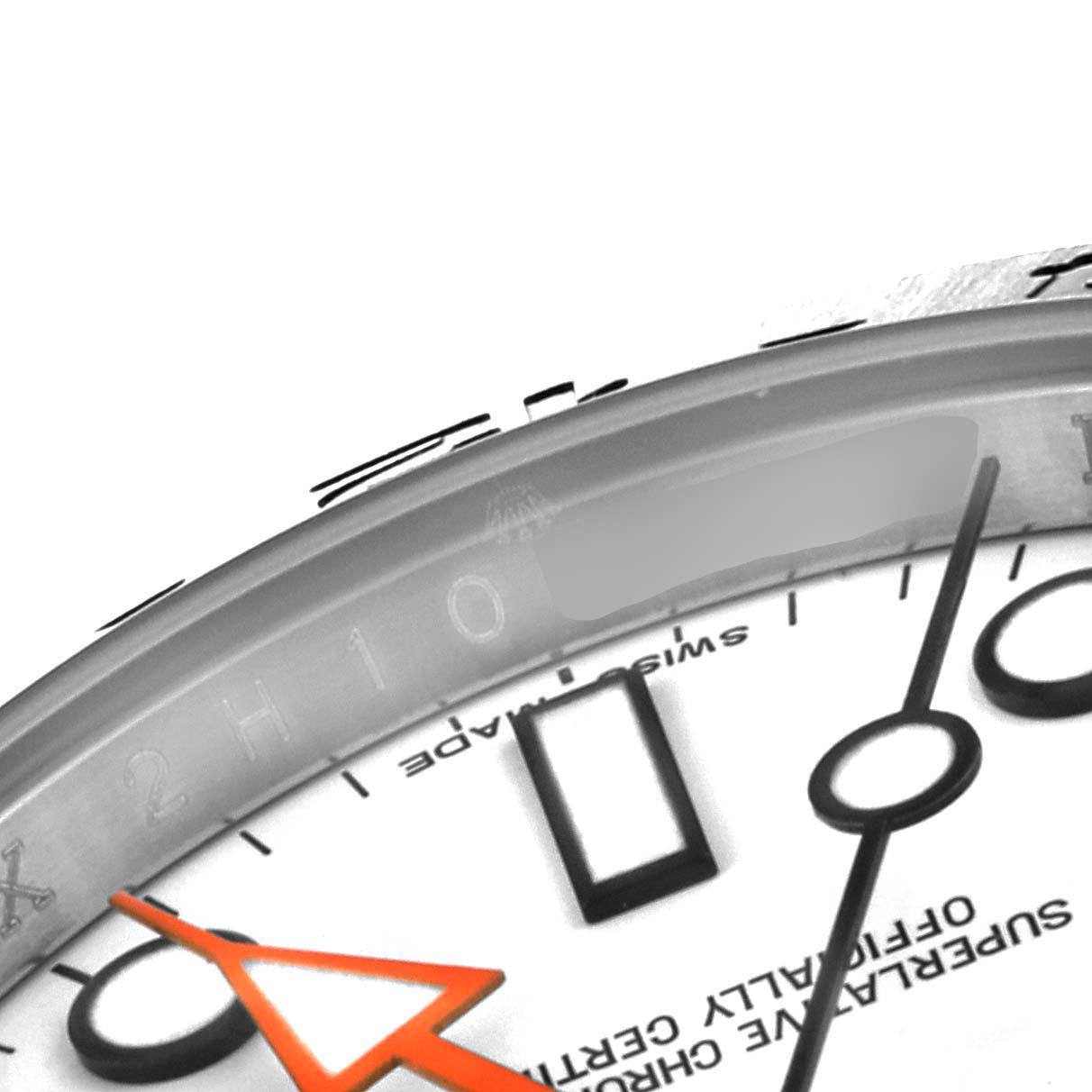 This image shows a close-up angle of the Rolex Explorer 216570 Men
s Stainless Steel White Dial 216570 Men
s Stainless Steel White Dial watch face, highlighting the hands, indices, and part of the dial text.