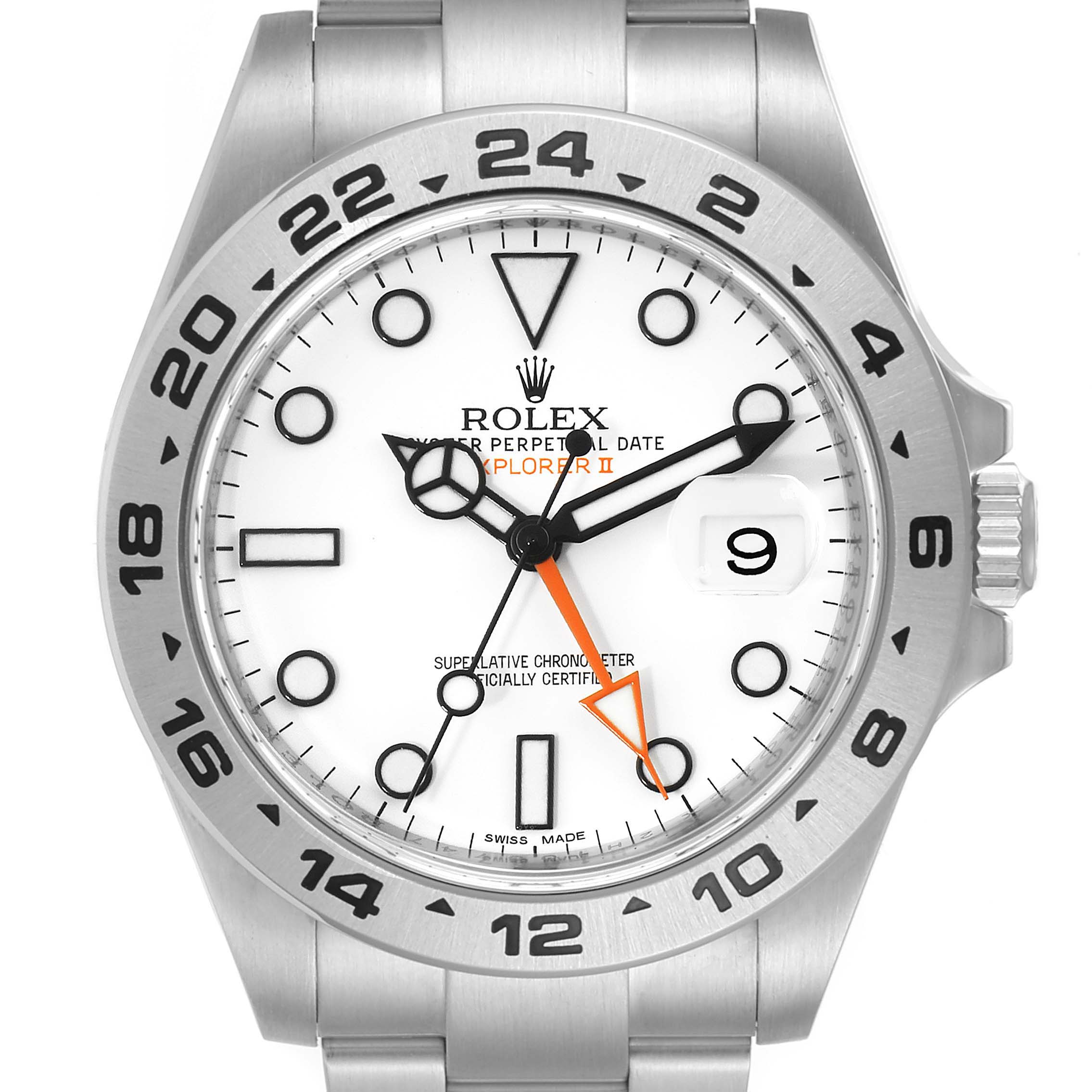 The image displays a front view of the Rolex Explorer 216570 Men
s Stainless Steel White Dial 216570 Men
s Stainless Steel White Dial watch, showcasing its bezel, dial, hands, date window, and crown.