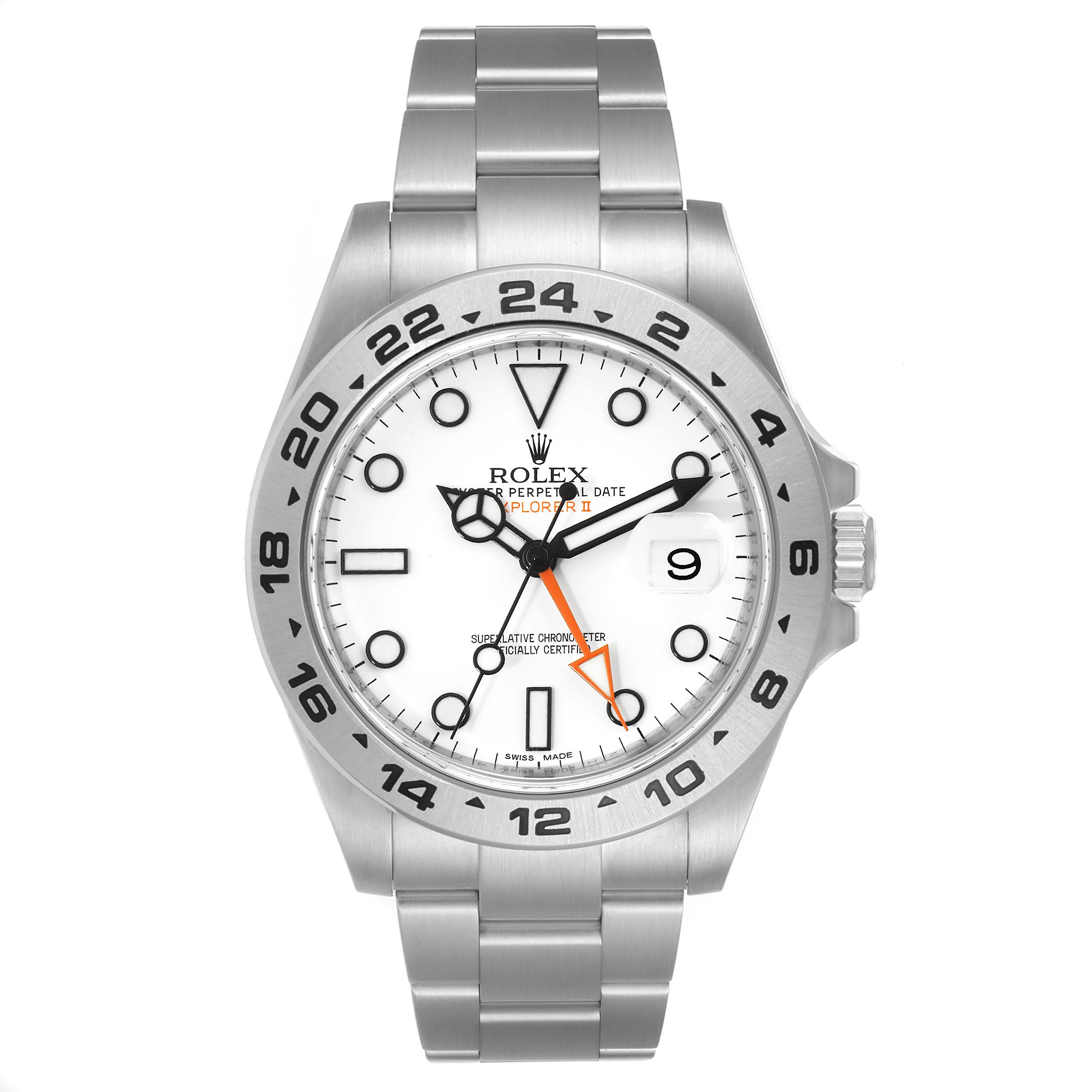 The Rolex Explorer 216570 Men
s Stainless Steel White Dial 216570 Men
s Stainless Steel White Dial watch is shown from a front angle, highlighting its dial, bezel, and bracelet.