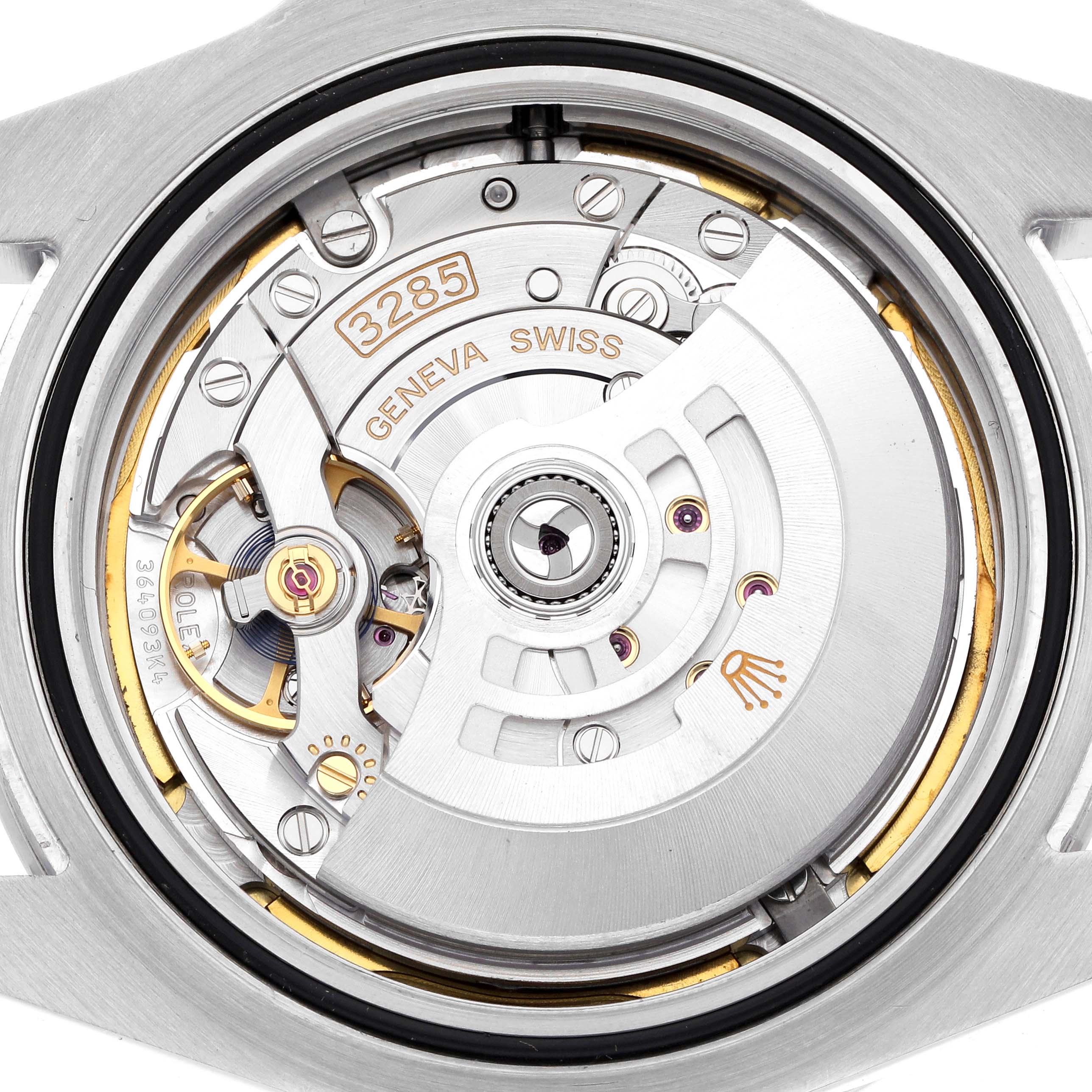 The image shows a close-up of the movement inside a Rolex Explorer 226570 Men's Stainless Steel Black Dial 226570 Men's Stainless Steel Black Dial watch, highlighting the caliber 3285 mechanism.