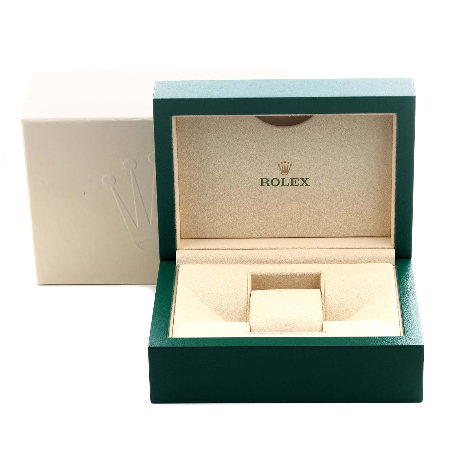 The image shows an open green and beige Rolex watch box for the Explorer model.