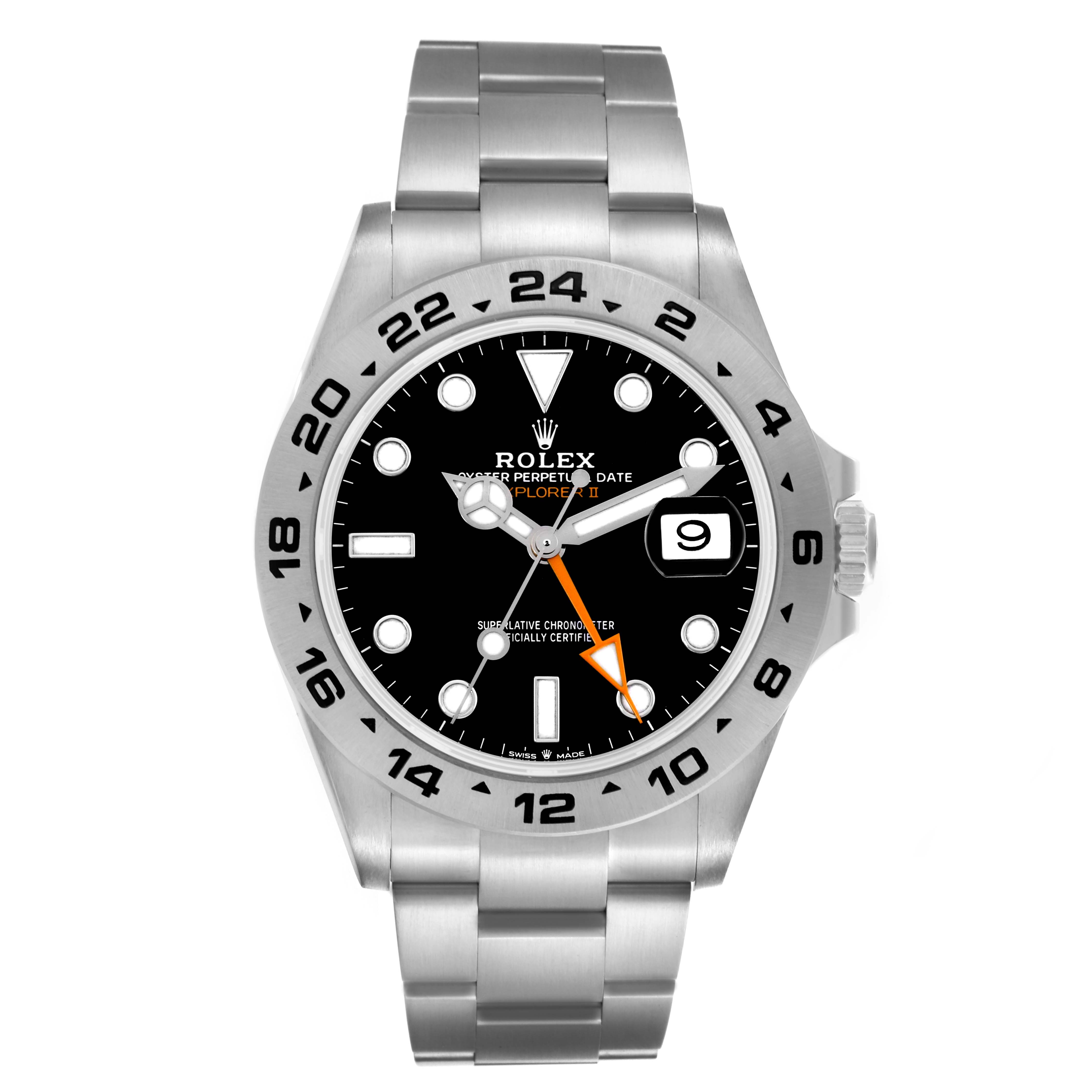 The Rolex Explorer 226570 Men's Stainless Steel Black Dial 226570 Men's Stainless Steel Black Dial model is shown from a frontal angle, displaying the bezel, dial, crown, bracelet, and date window.