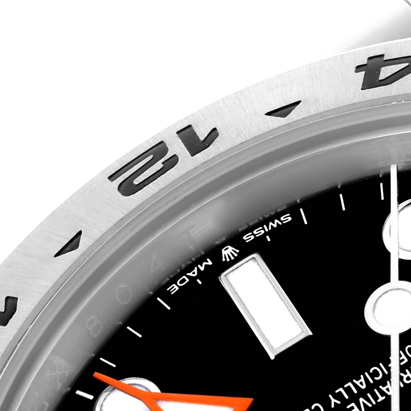 The image shows a close-up of the Rolex Explorer 226570 Men's Stainless Steel Black Dial 226570 Men's Stainless Steel Black Dial watch, focusing on the bezel and part of the dial with the hour markers and hands.