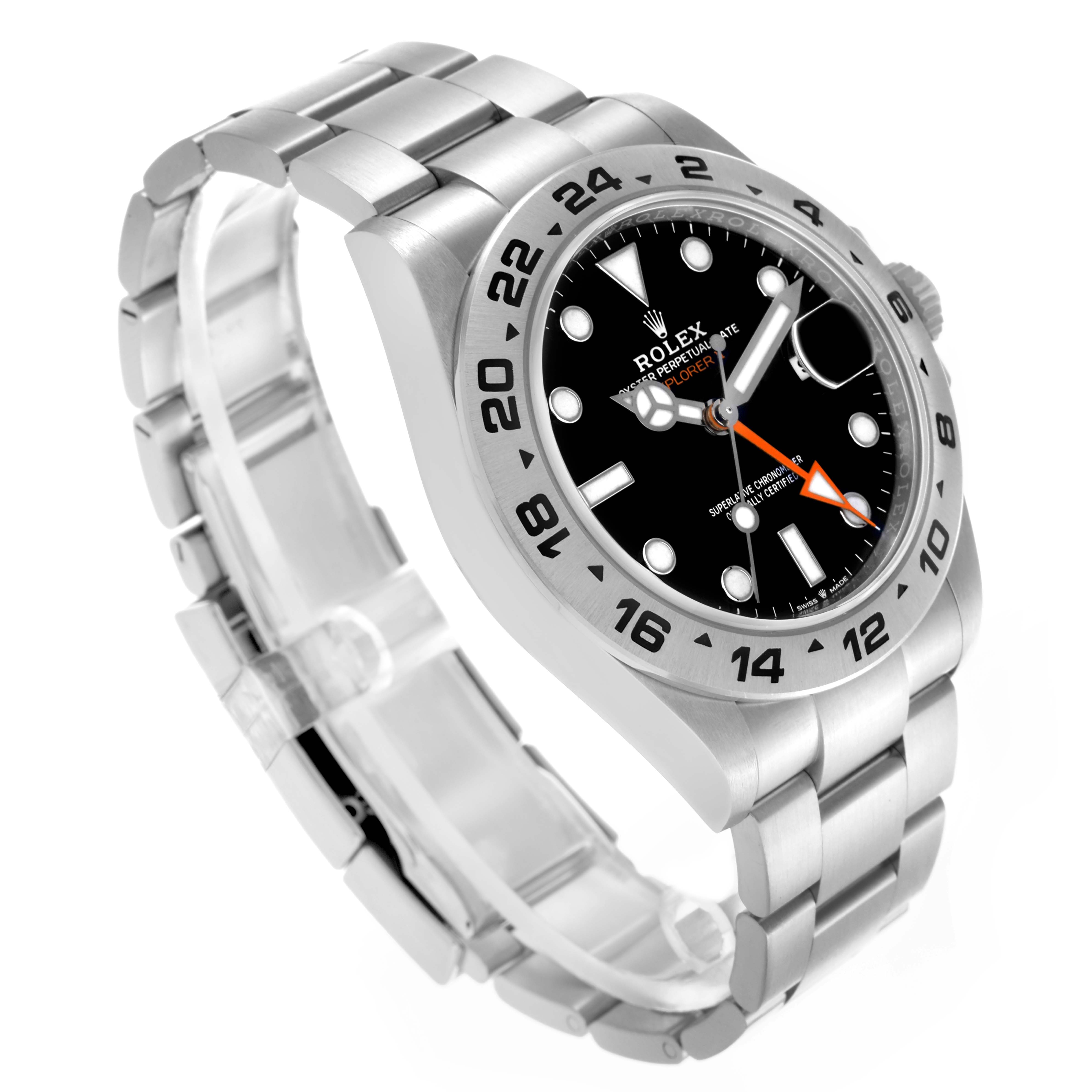 The Rolex Explorer 226570 Men's Stainless Steel Black Dial 226570 Men's Stainless Steel Black Dial watch is shown at an angled view highlighting its face, bezel, and bracelet.