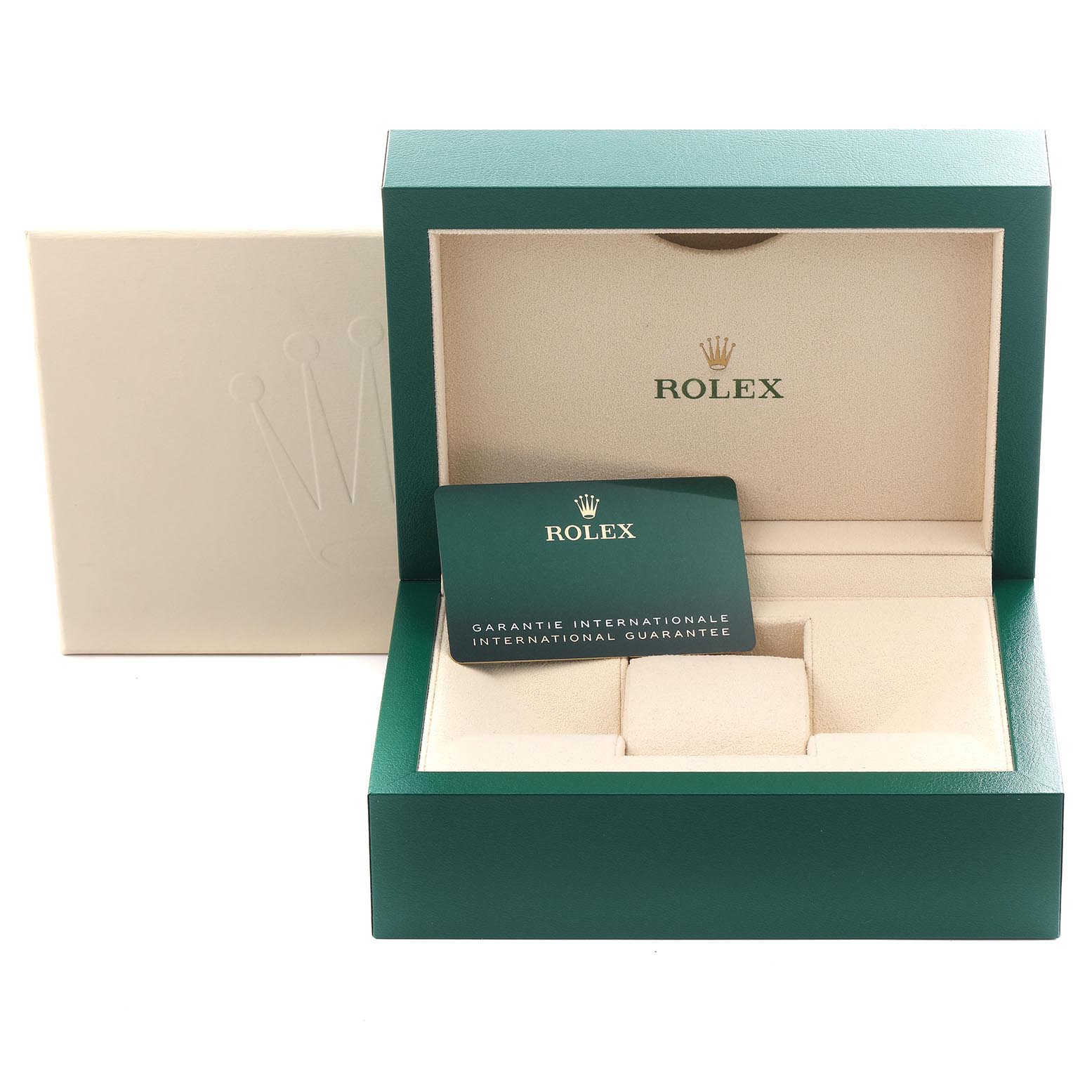 The image shows a green Rolex Explorer 216570 Men's Stainless Steel White Dial 216570 Men's Stainless Steel White Dial watch box, open with a warranty card inside.