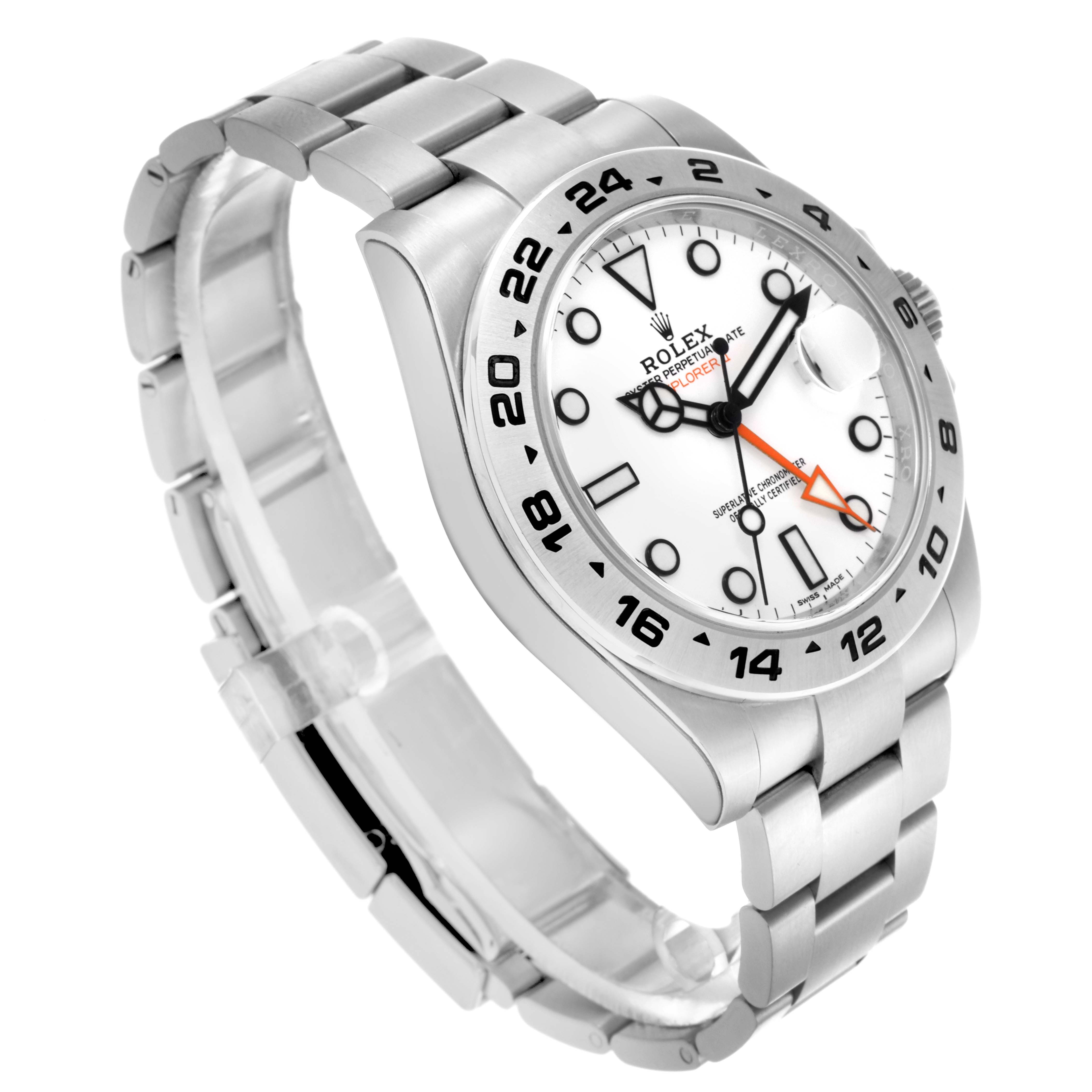The Rolex Explorer 216570 Men's Stainless Steel White Dial 216570 Men's Stainless Steel White Dial watch is shown at a three-quarter angle, highlighting the dial, bezel, and bracelet.