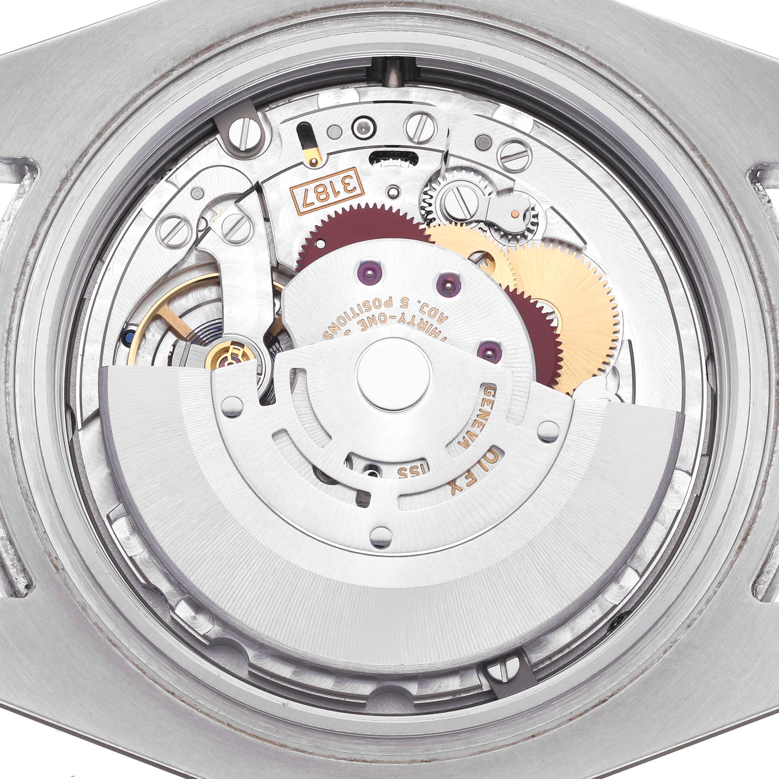 The image shows the intricate movement of the Rolex Explorer 216570 Men's Stainless Steel White Dial 216570 Men's Stainless Steel White Dial watch viewed from the back, highlighting gears and the rotor.