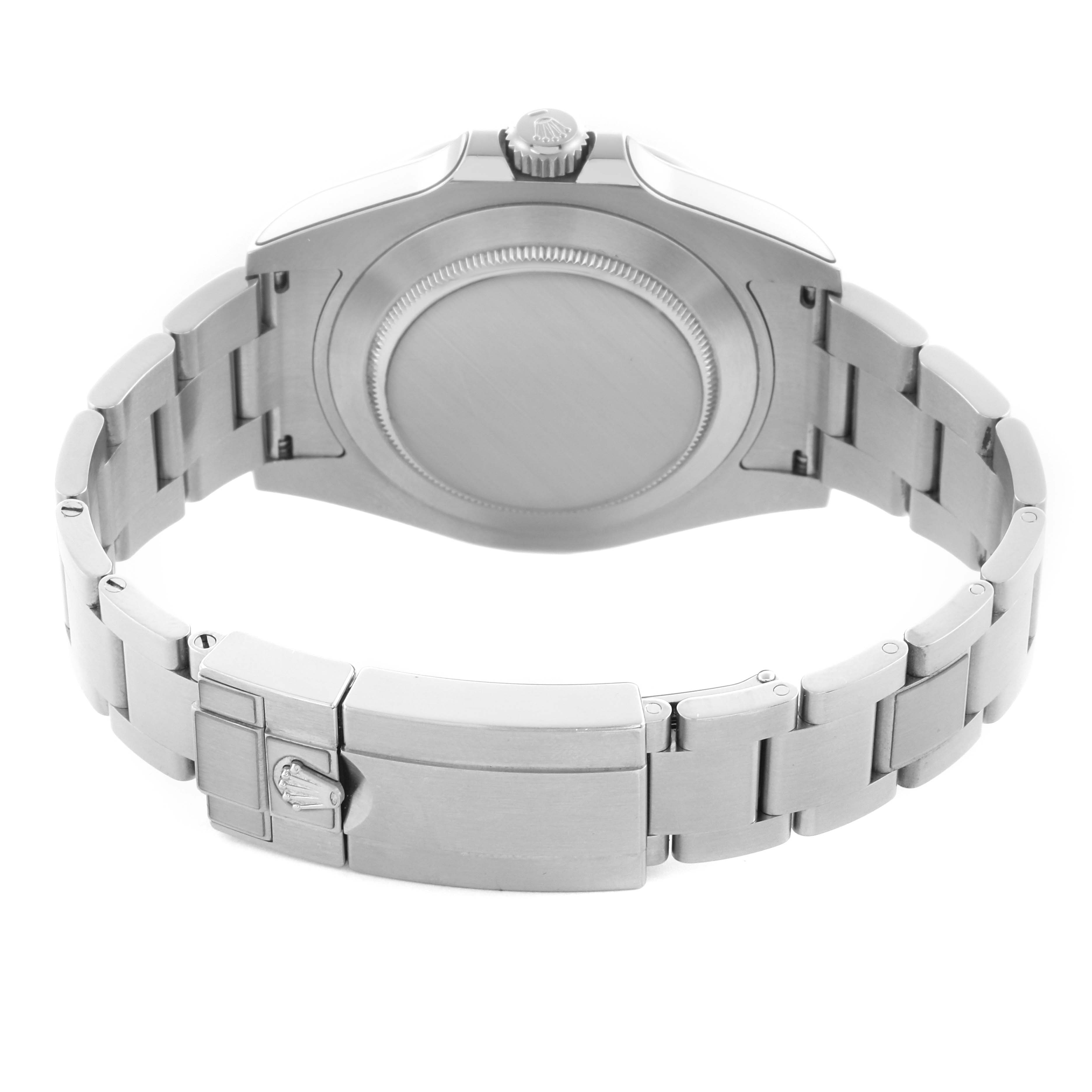 The image shows the back view of a Rolex Explorer 216570 Men's Stainless Steel White Dial 216570 Men's Stainless Steel White Dial, highlighting the case back and bracelet clasp.