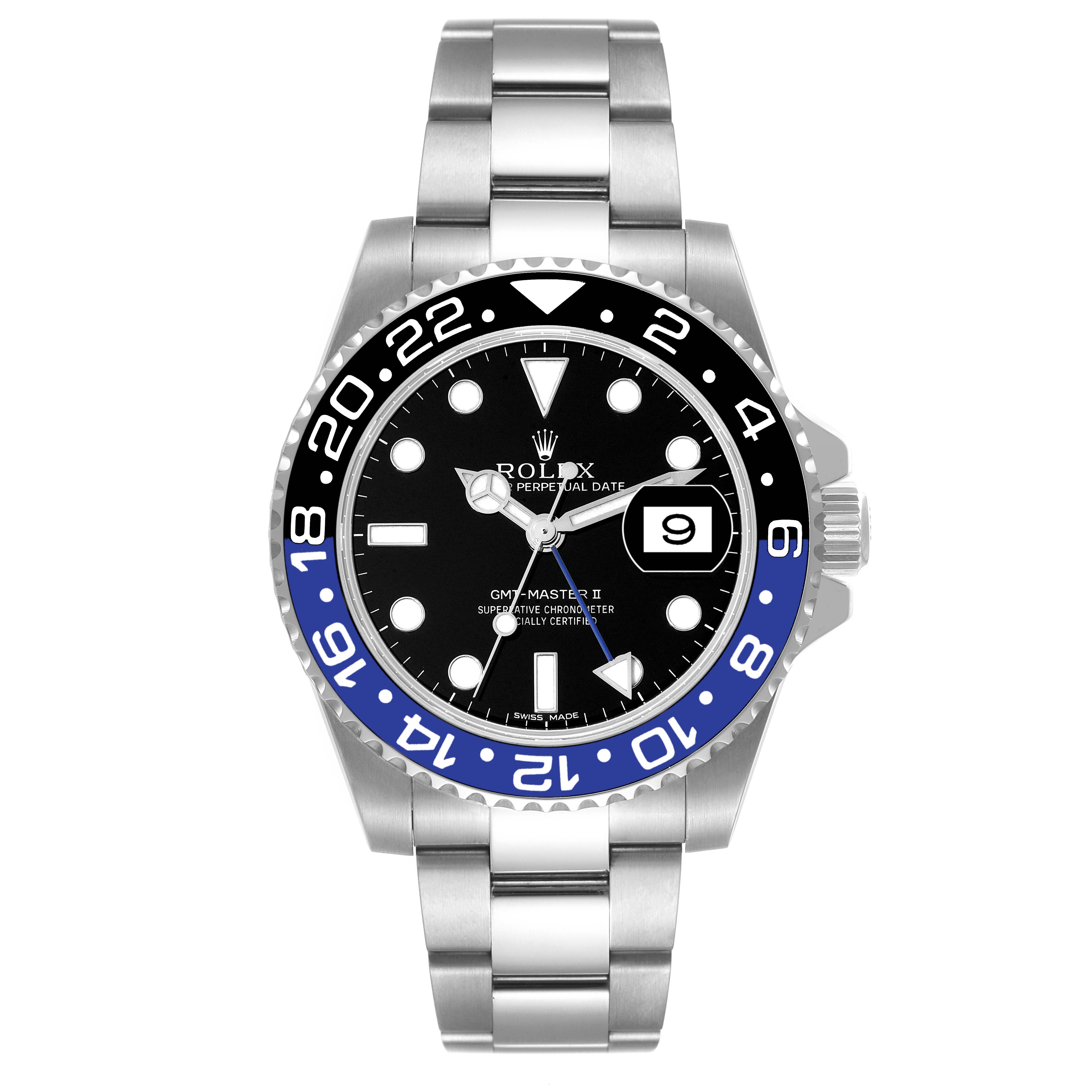 The image shows a front view of a Rolex GMT-Master 116710 Men's Stainless Steel Black Dial 116710 Men's Stainless Steel Black Dial II watch with a black and blue bezel and a metal bracelet.