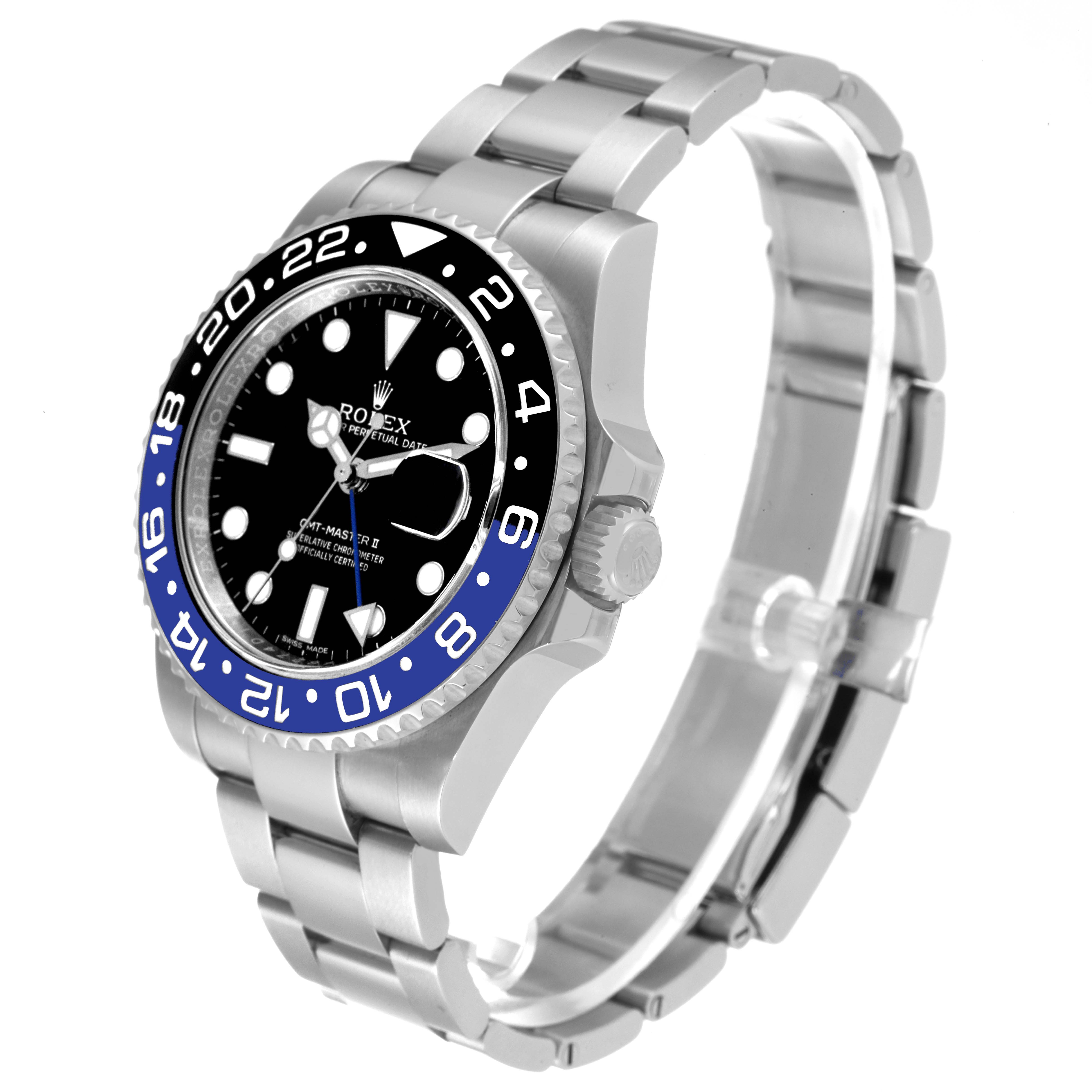 This image shows a side angle view of the Rolex GMT-Master 116710 Men's Stainless Steel Black Dial 116710 Men's Stainless Steel Black Dial II watch, highlighting the bezel, dial, and bracelet.