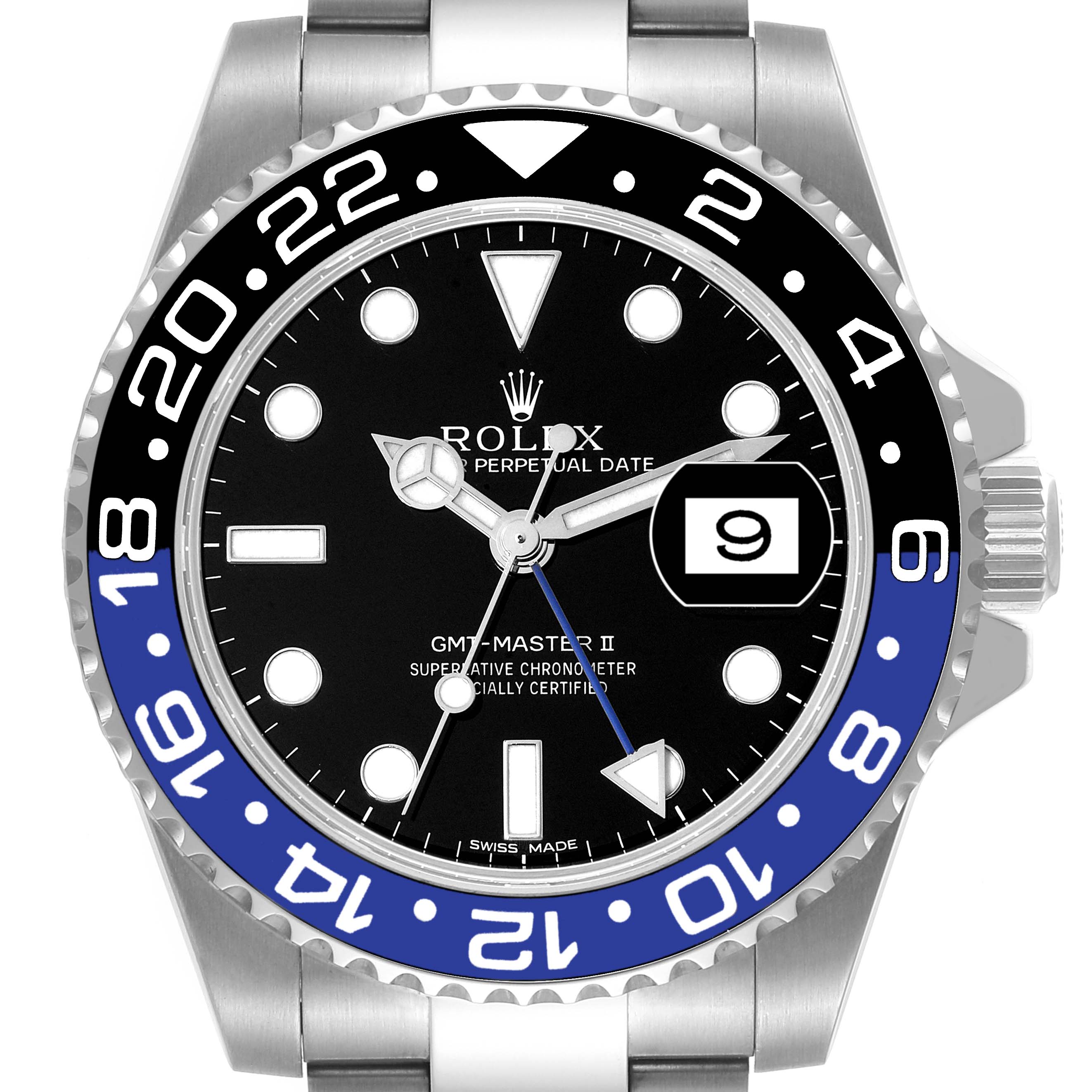 The image shows the front view of a Rolex GMT-Master 116710 Men's Stainless Steel Black Dial 116710 Men's Stainless Steel Black Dial II watch, highlighting the bezel, dial, hands, and date indicator.