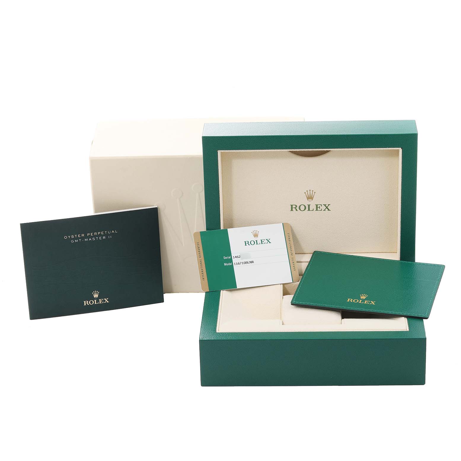 The image shows a Rolex GMT-Master 116710 Men's Stainless Steel Black Dial 116710 Men's Stainless Steel Black Dial watch box, warranty card, and owner's manual from a frontal angle.