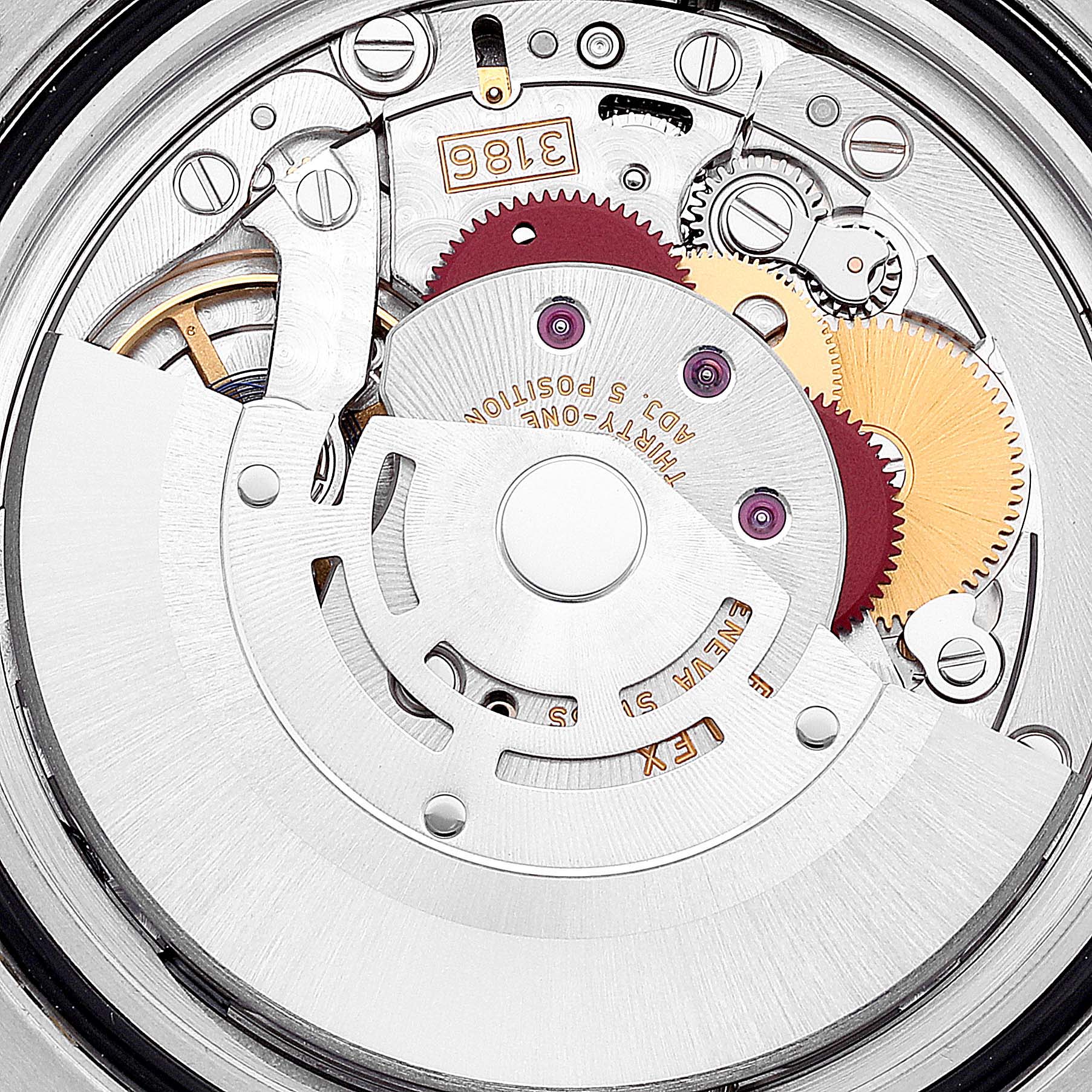 This image shows a close-up of the movement mechanism of a Rolex GMT-Master 116710 Men's Stainless Steel Black Dial 116710 Men's Stainless Steel Black Dial watch, revealing intricate gears and components.