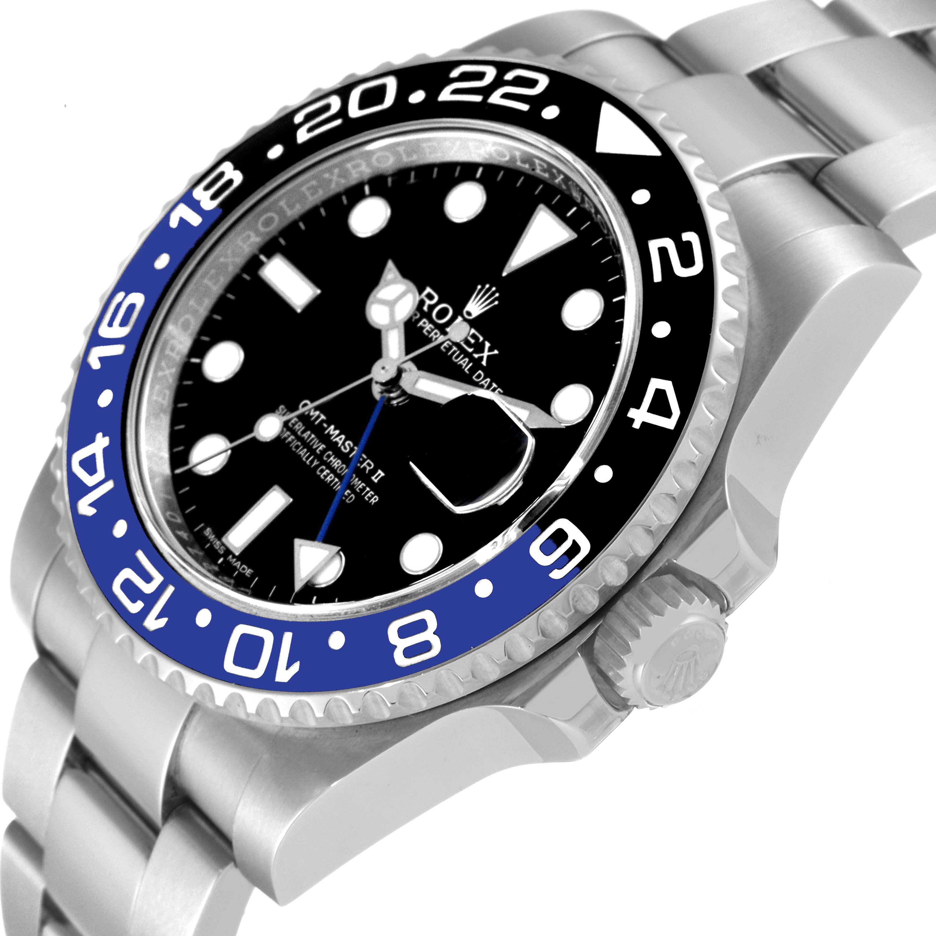The image shows a close-up, angled view of a Rolex GMT-Master 116710 Men's Stainless Steel Black Dial 116710 Men's Stainless Steel Black Dial watch, highlighting the bezel, dial, and part of the bracelet.