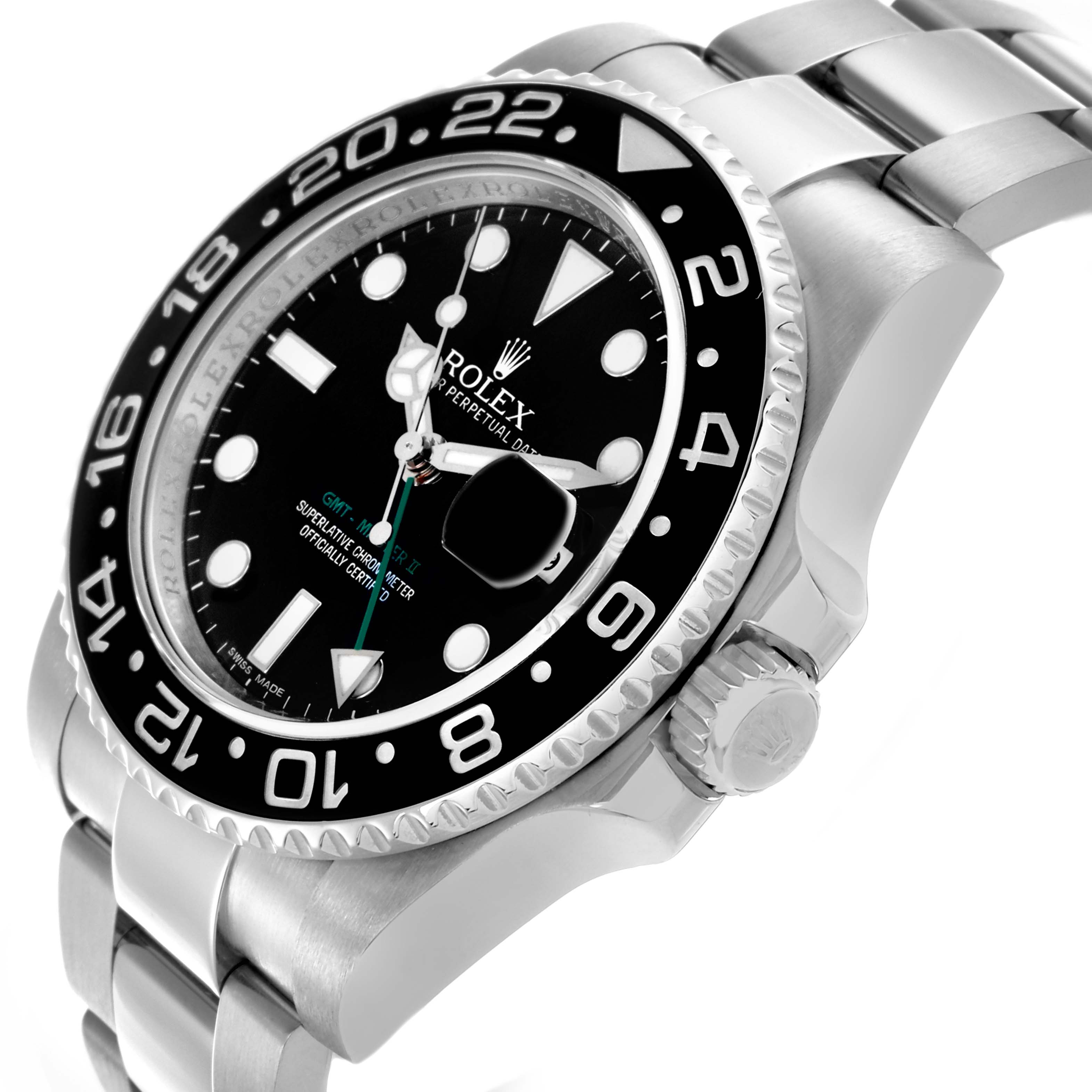 The image shows a Rolex GMT-Master 116710LN Men's Stainless Steel Black Dial 116710LN Men's Stainless Steel Black Dial from a side angle, highlighting the bezel, crown, and part of the bracelet.