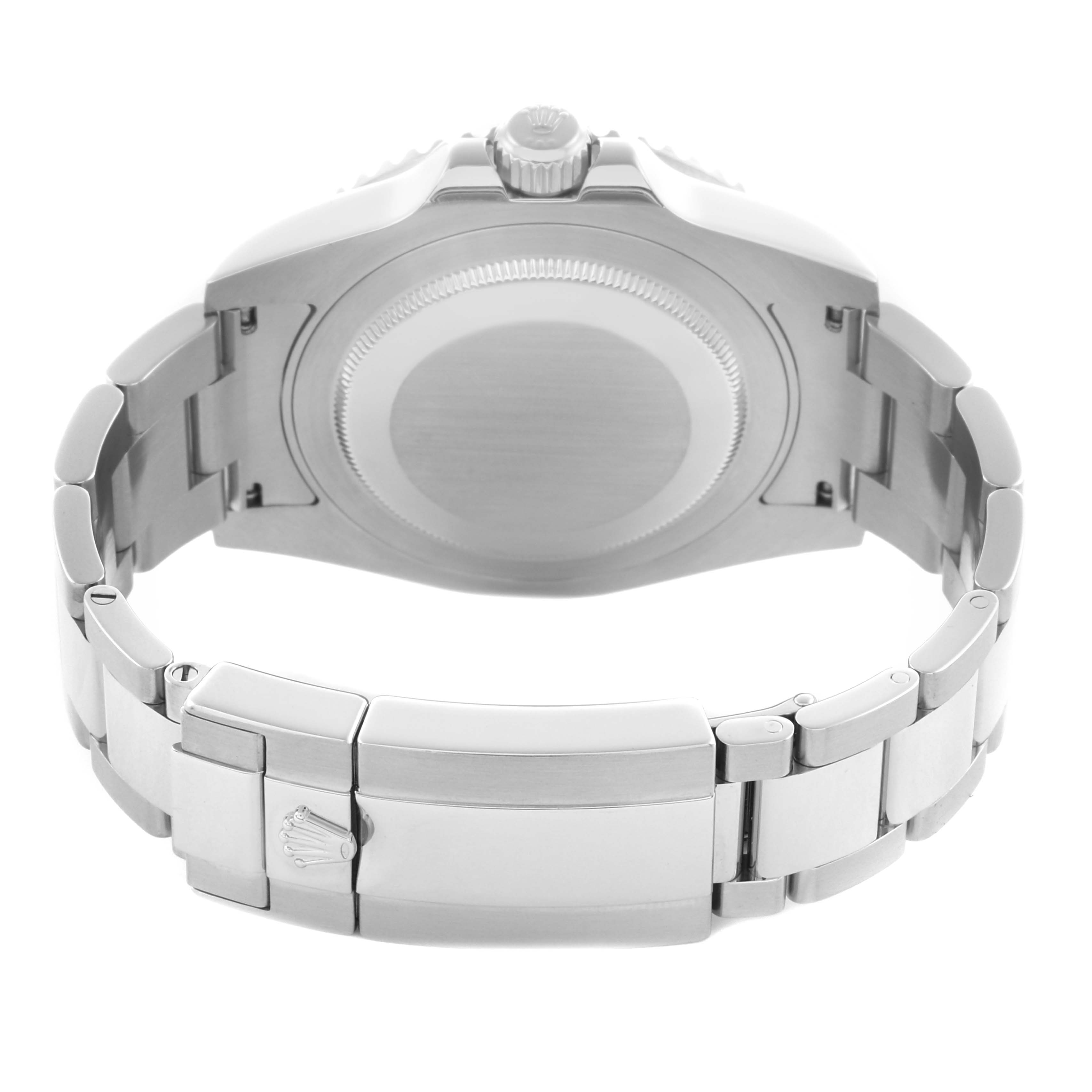 The image shows the back case and bracelet clasp of the Rolex GMT-Master 116710LN Men's Stainless Steel Black Dial 116710LN Men's Stainless Steel Black Dial watch, viewed from the underside.