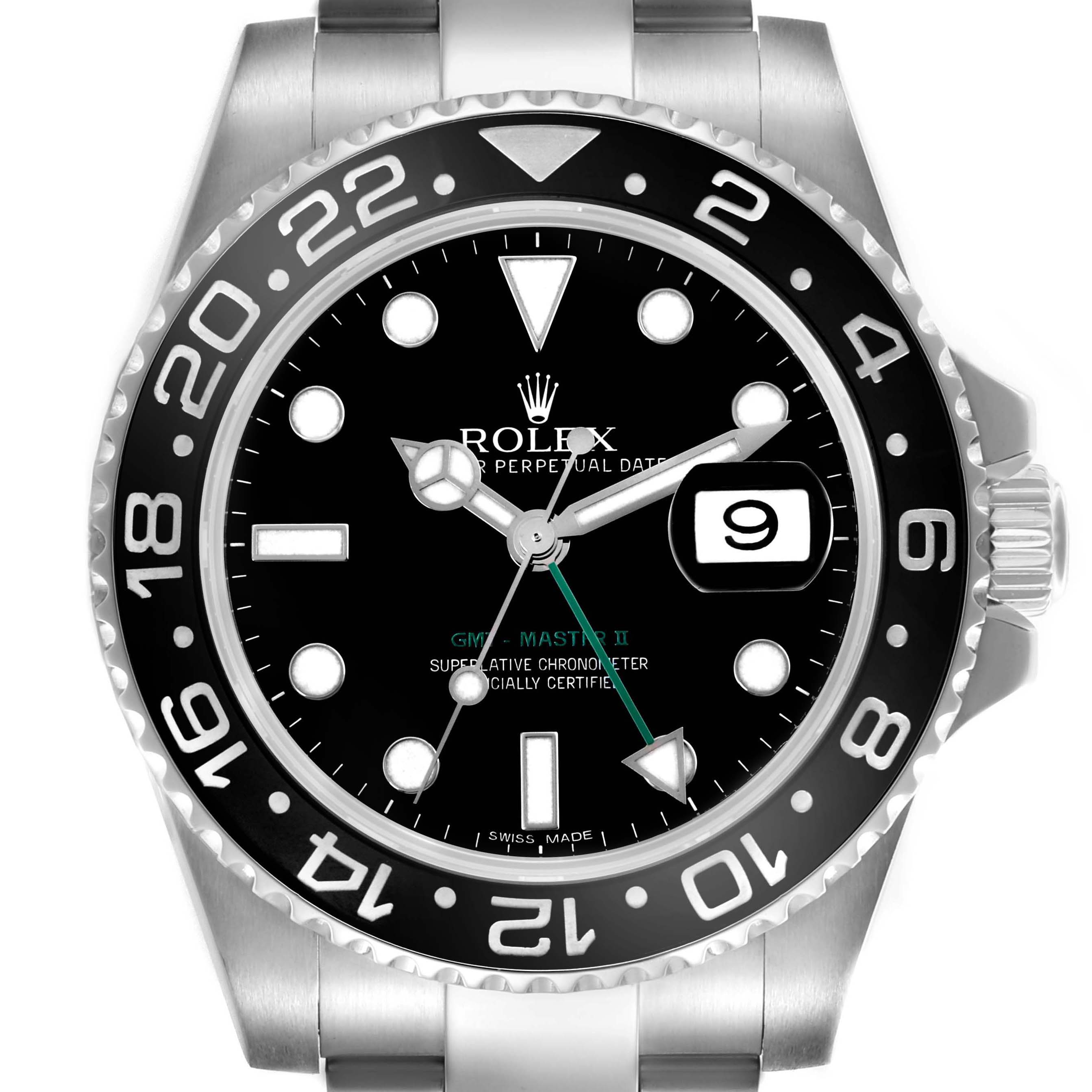 The Rolex GMT-Master 116710LN Men's Stainless Steel Black Dial 116710LN Men's Stainless Steel Black Dial II watch is shown from the front, highlighting the dial, bezel, crown, and part of the bracelet.