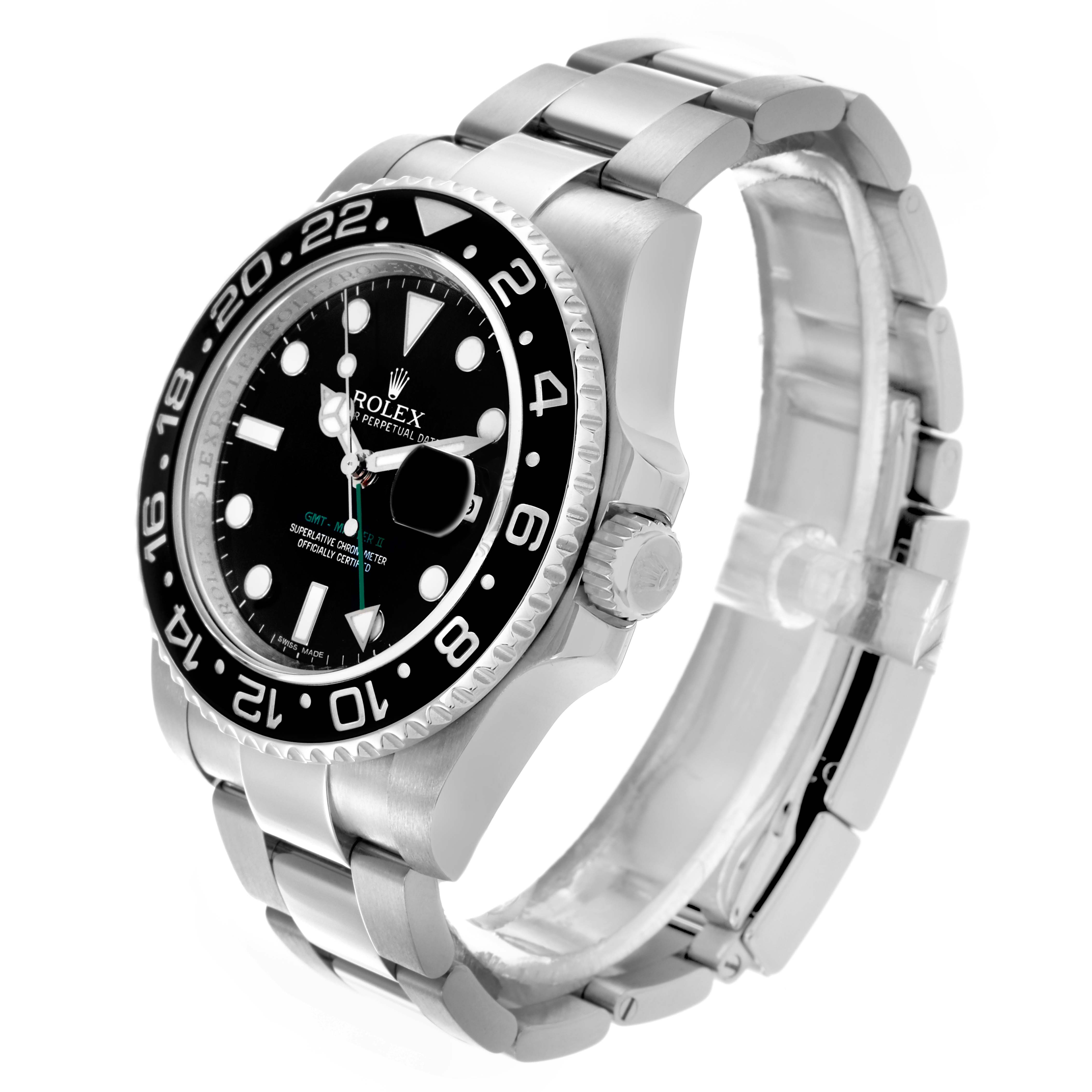 The Rolex GMT-Master 116710LN Men's Stainless Steel Black Dial 116710LN Men's Stainless Steel Black Dial watch is shown at a side angle, displaying the face, bezel, crown, and bracelet.