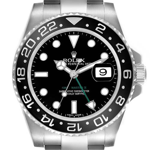 The image shows a frontal view of a Rolex GMT-Master II, highlighting the bezel, dial, and date window.