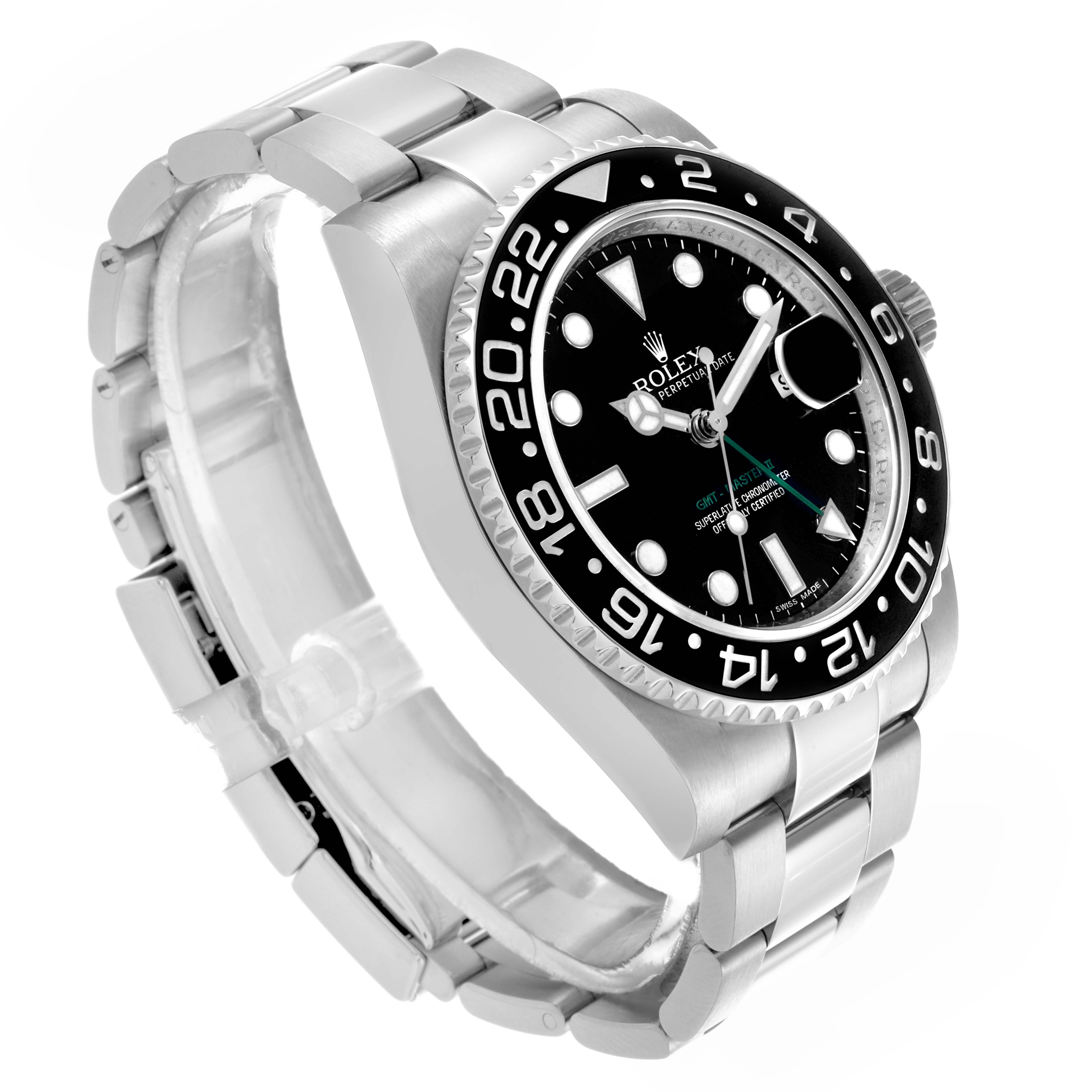 The Rolex GMT-Master 116710LN Men's Stainless Steel Black Dial 116710LN Men's Stainless Steel Black Dial is shown at a slight diagonal angle, displaying the bezel, dial, and bracelet clearly.