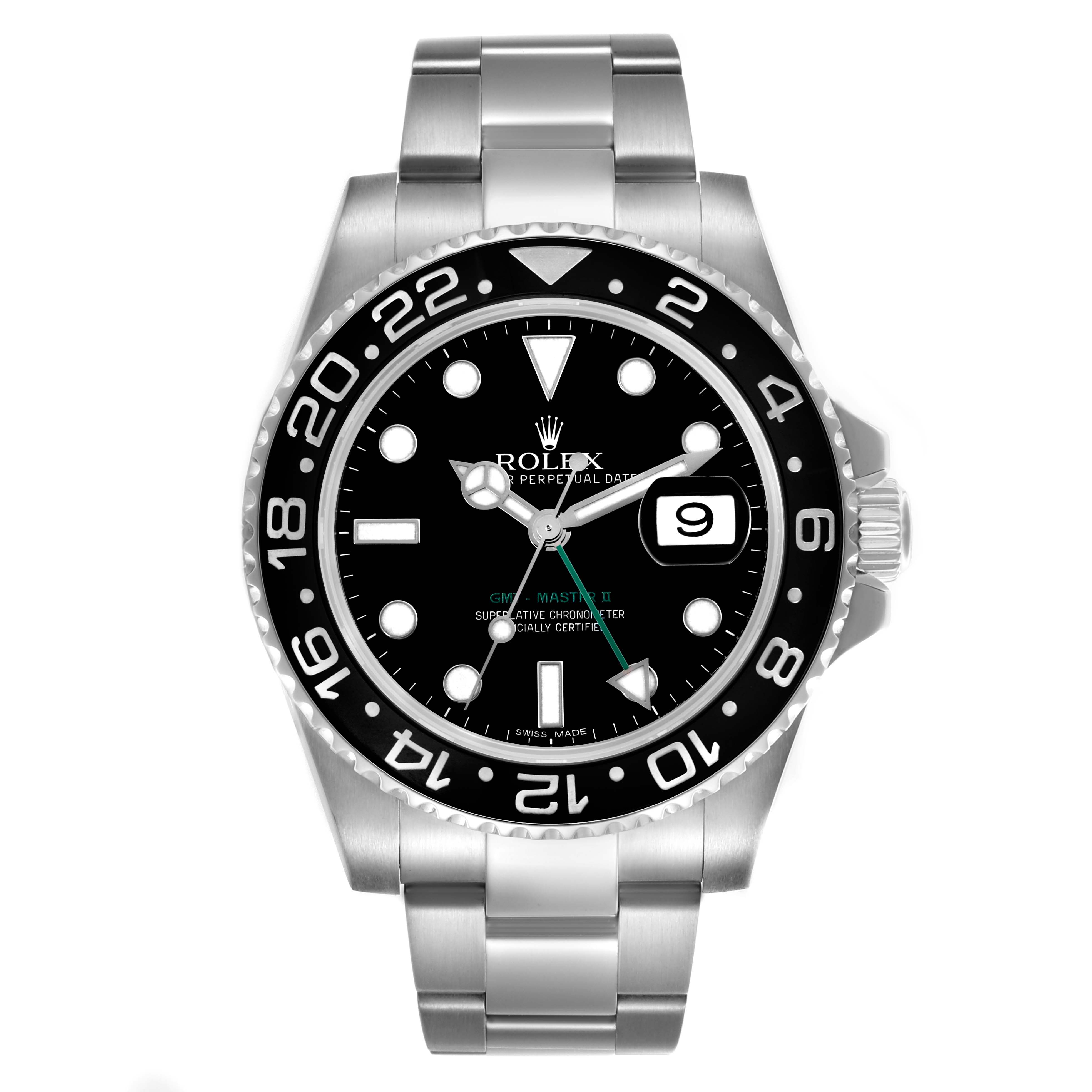 The Rolex GMT-Master 116710LN Men's Stainless Steel Black Dial 116710LN Men's Stainless Steel Black Dial model is shown from a front angle, displaying the bezel, dial, hands, and bracelet clearly.