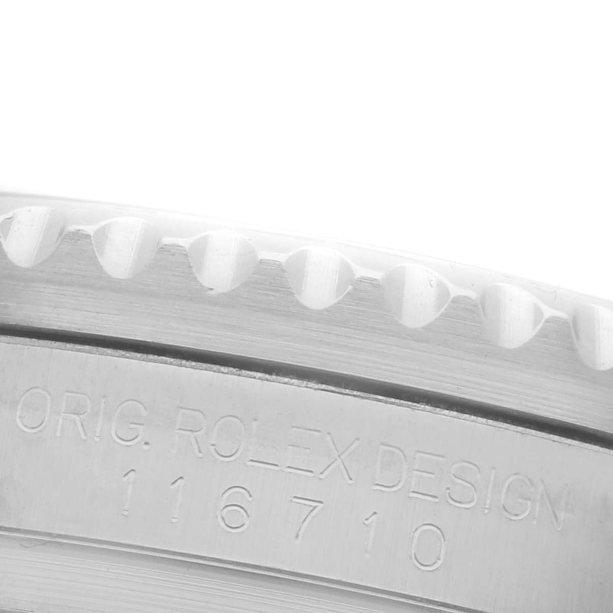 The image shows a close-up of the side case with the model number of the Rolex GMT-Master 116710LN Men's Stainless Steel Black Dial 116710LN Men's Stainless Steel Black Dial.