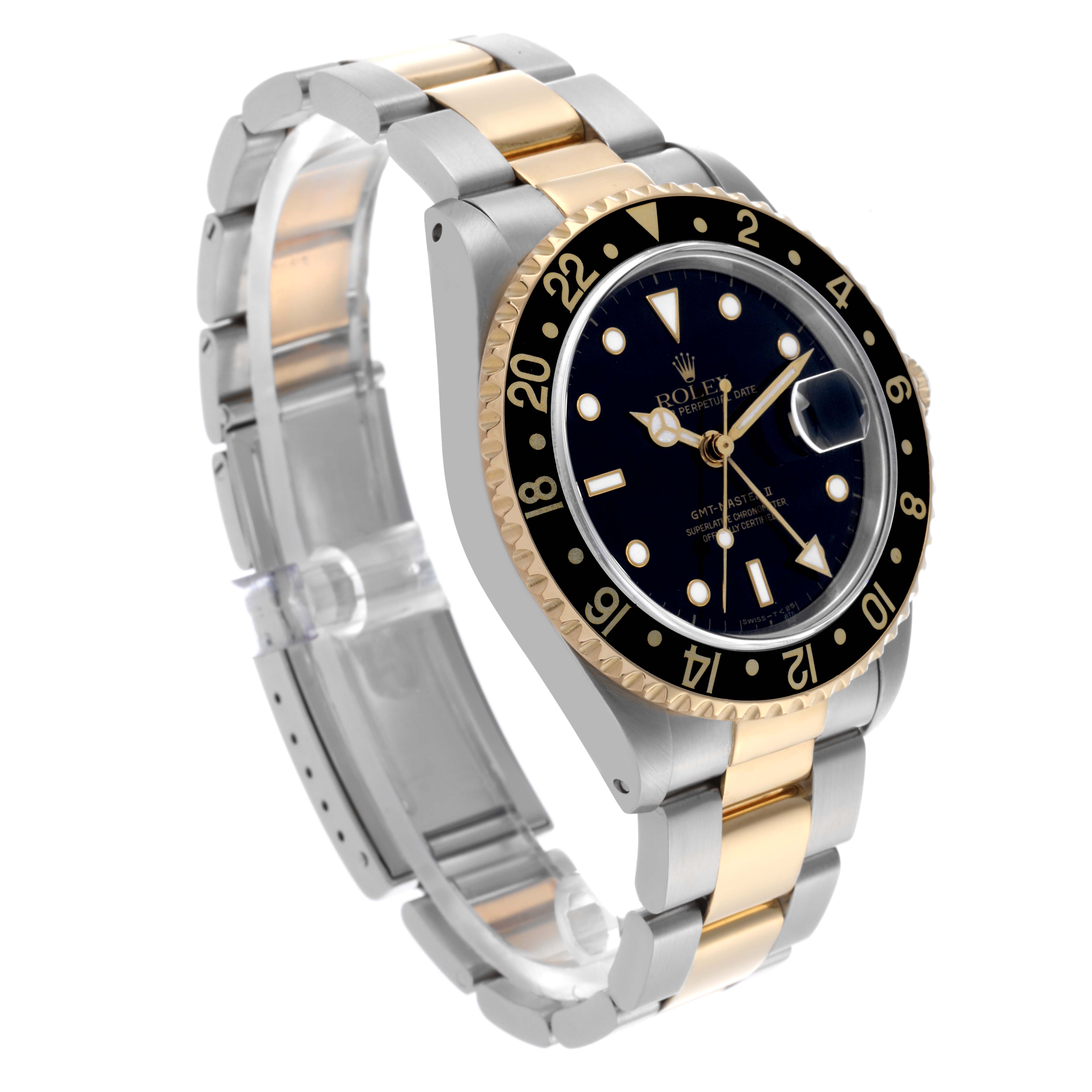 The Rolex GMT-Master 16713 Men's Steel and Gold (two tone) Black Dial 16713 Men's Steel and Gold (two tone) Black Dial is shown at a three-quarter angle, highlighting the dial, bezel, and bracelet.